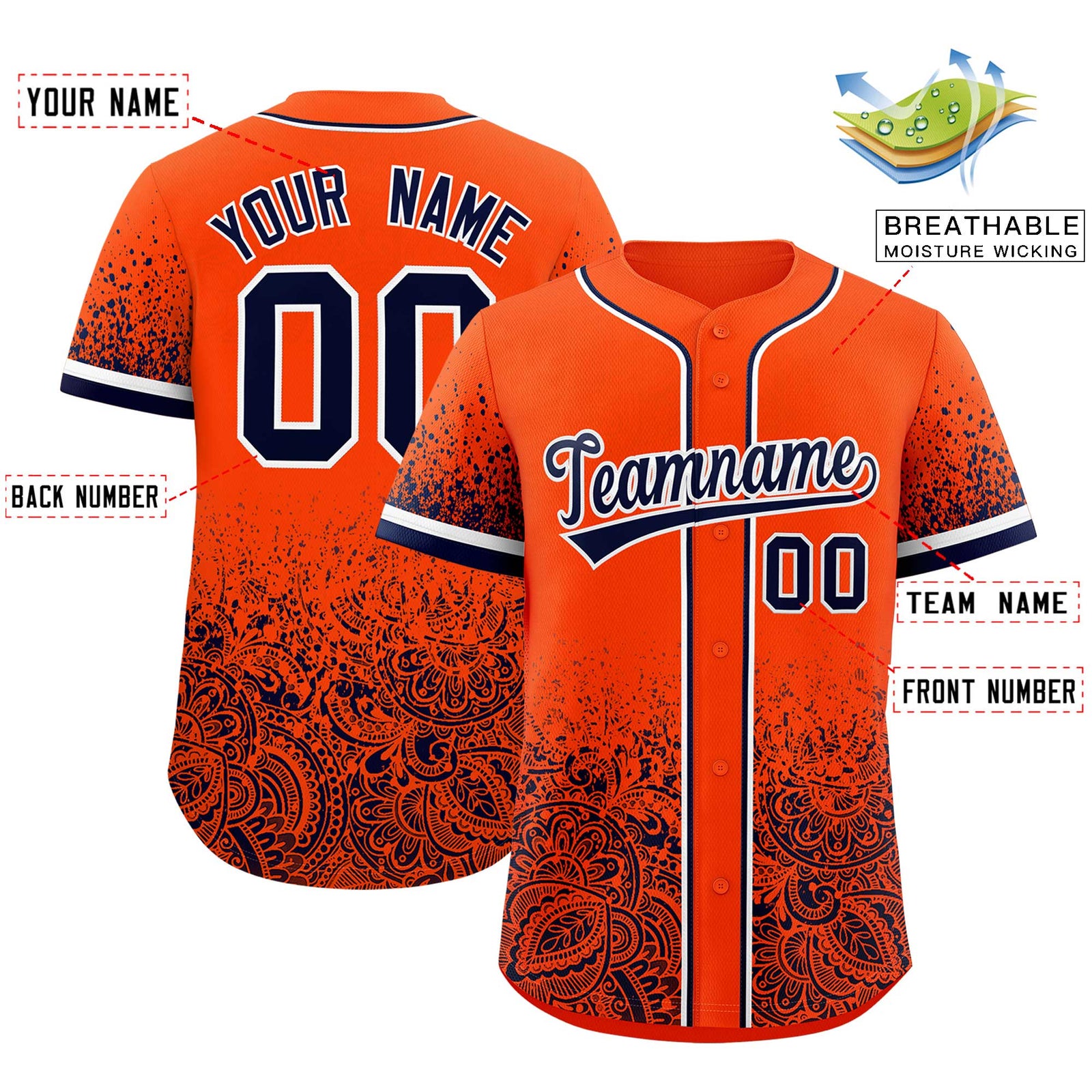 Custom Orange Navy Floral Print Pattern Full Button Gradient Fashion Baseball Jersey