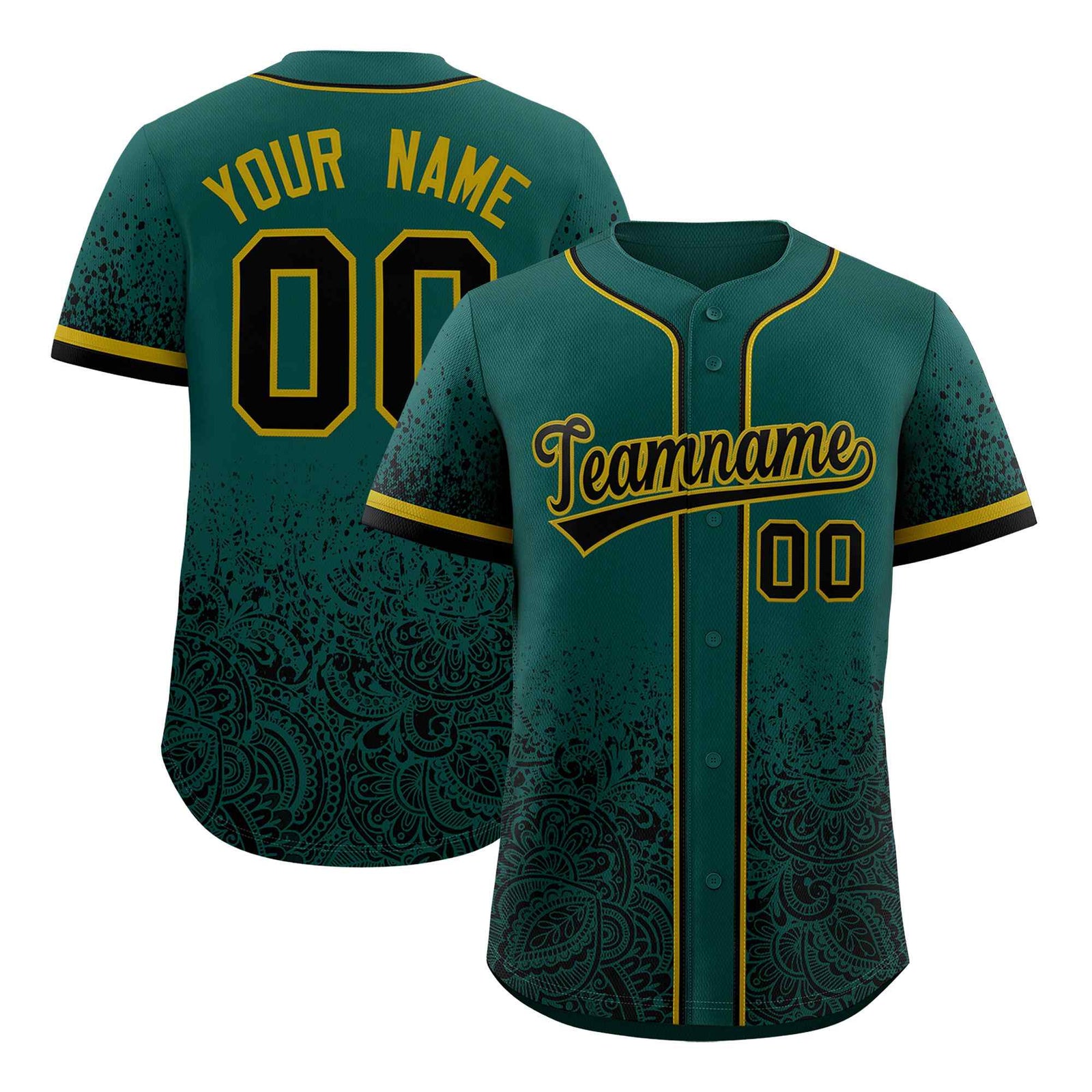 Custom Midnight Green Black Floral Print Pattern Full Button Gradient Fashion Baseball Jersey