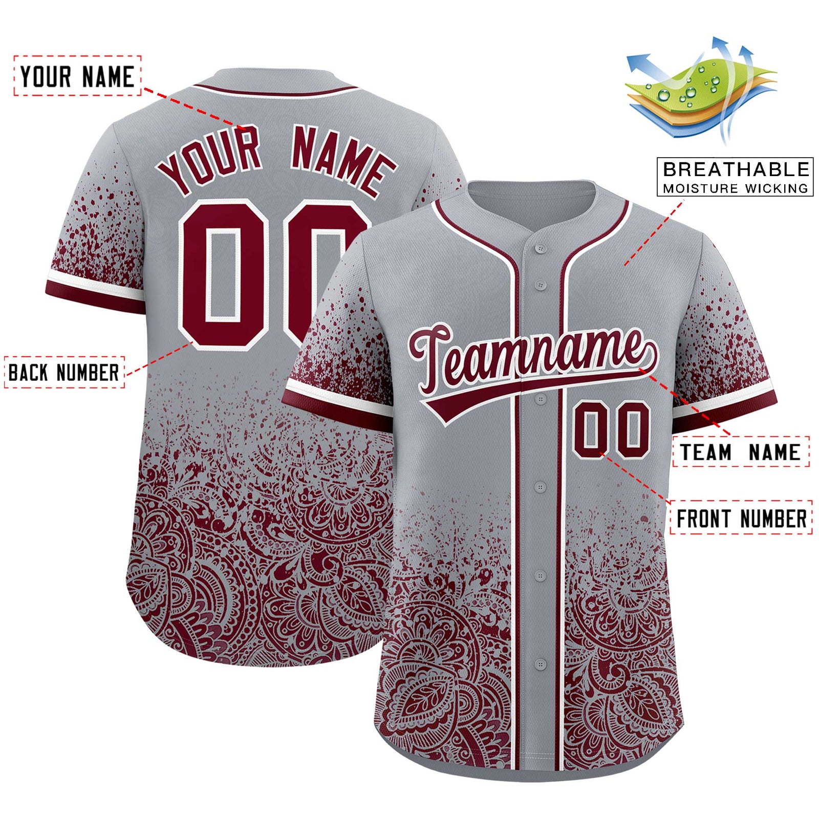 Custom Gray Crimson Floral Print Pattern Full Button Gradient Fashion Baseball Jersey