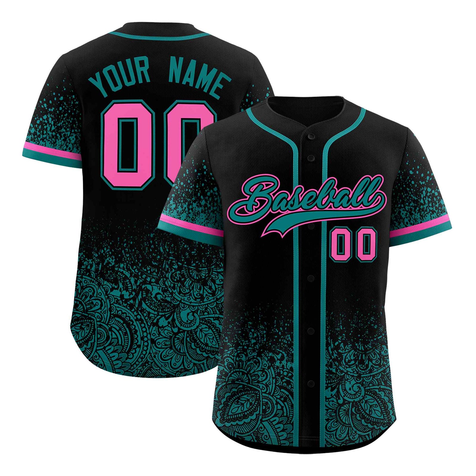 Custom Black Teal Floral Print Pattern Full Button Gradient Fashion Baseball Jersey