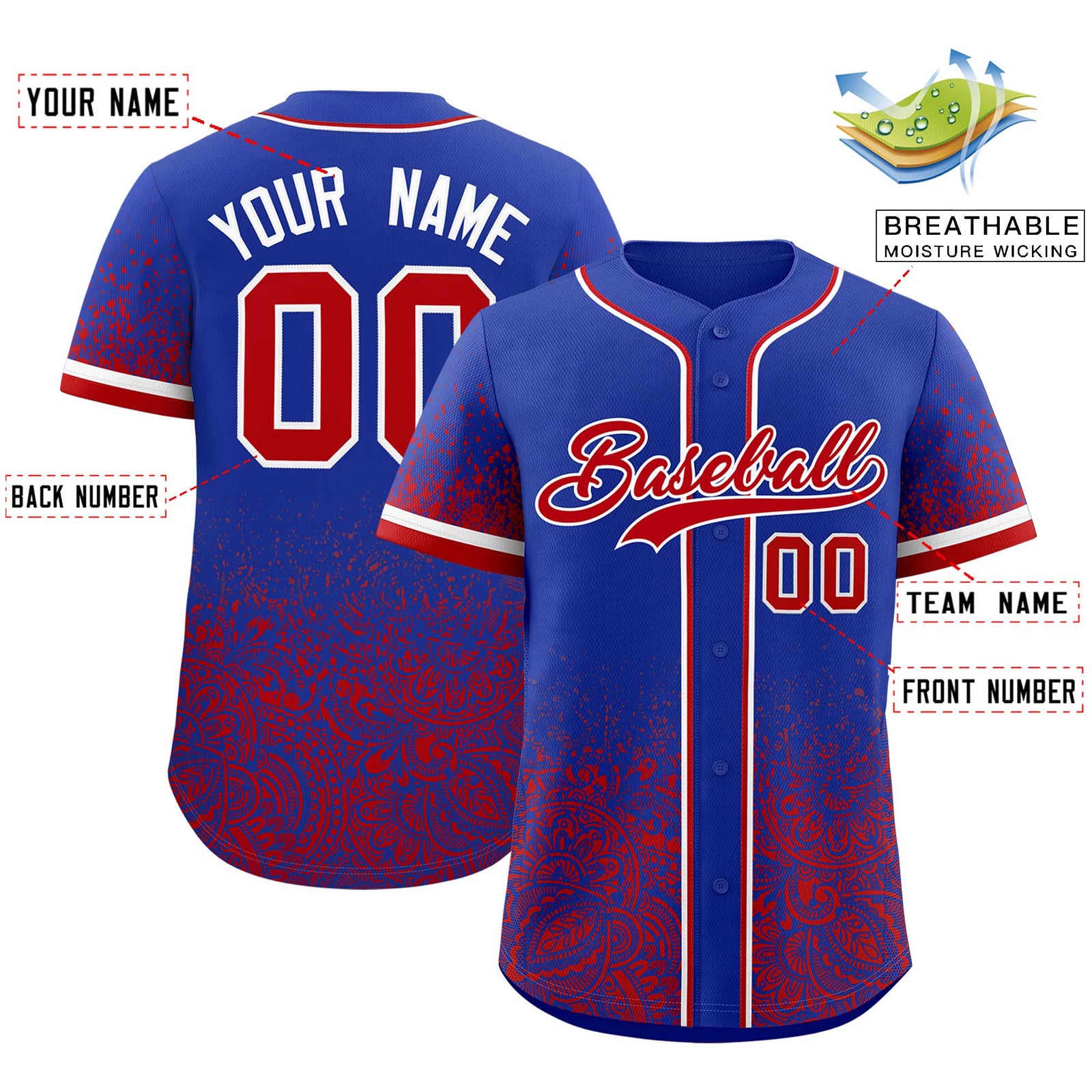 Custom Royal Red Floral Print Pattern Full Button Gradient Fashion Baseball Jersey