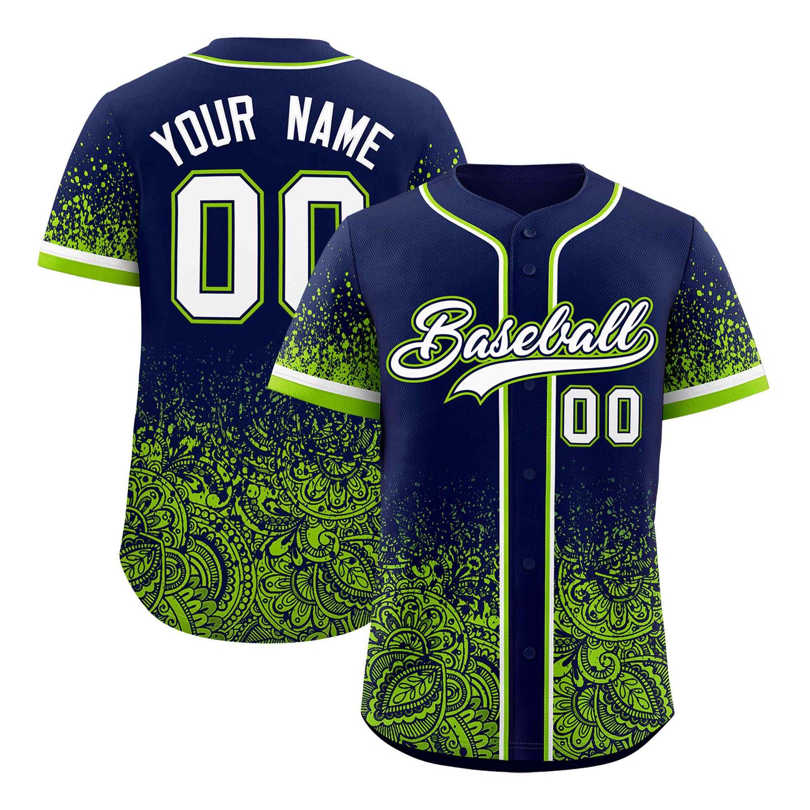 Custom Navy Neon Green Floral Print Pattern Full Button Gradient Fashion Baseball Jersey