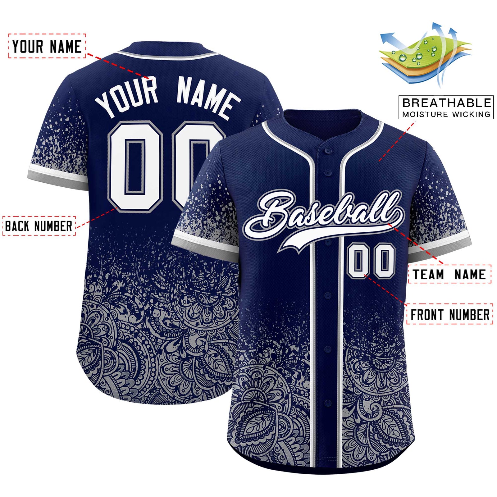 Custom Navy Gray Floral Print Pattern Full Button Gradient Fashion Baseball Jersey