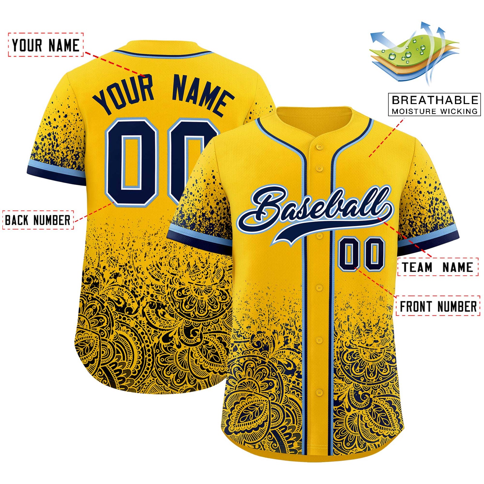 Custom Yellow Navy Floral Print Pattern Full Button Gradient Fashion Baseball Jersey
