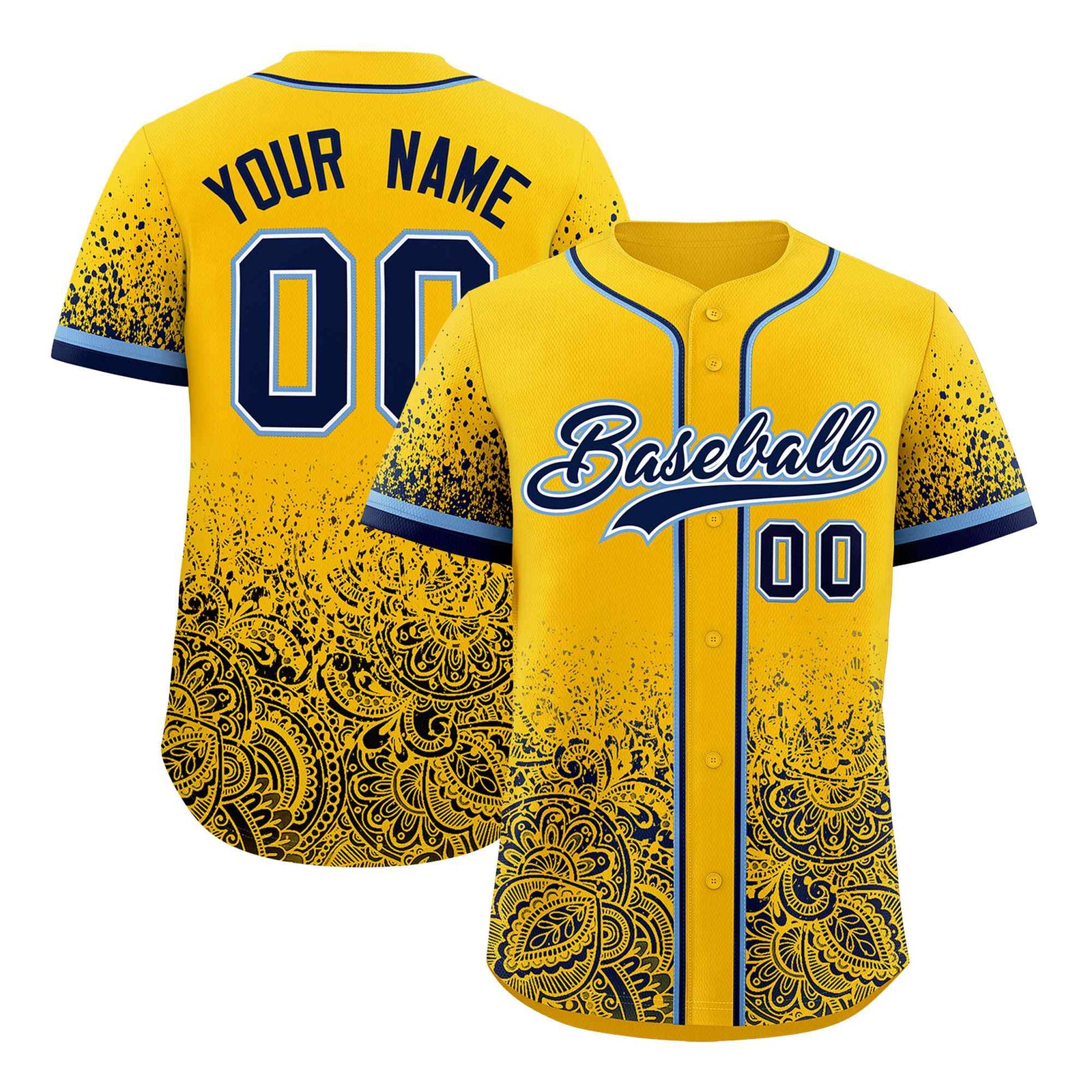 Custom Yellow Navy Floral Print Pattern Full Button Gradient Fashion Baseball Jersey