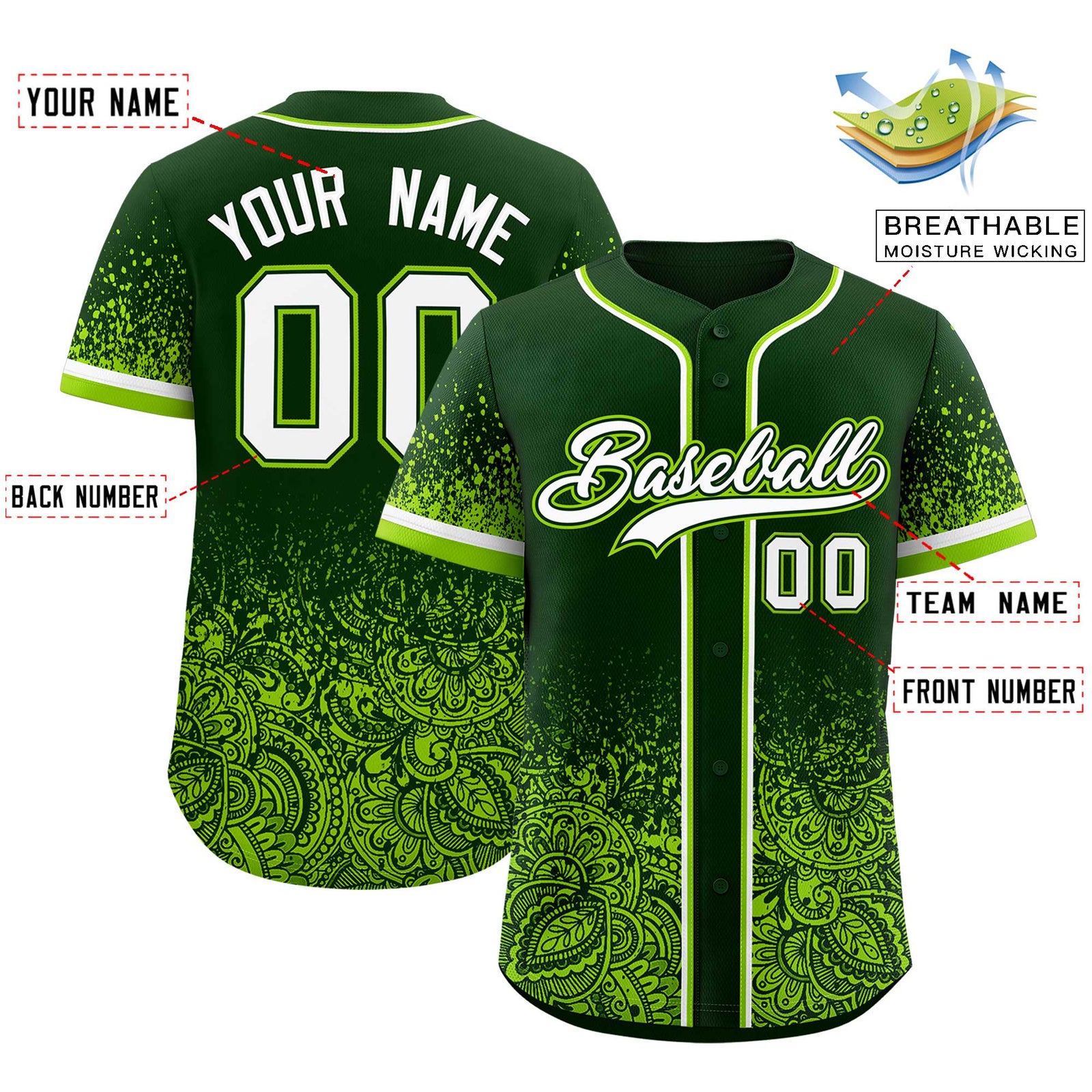 Custom Green Neon Green Floral Print Pattern Full Button Gradient Fashion Baseball Jersey