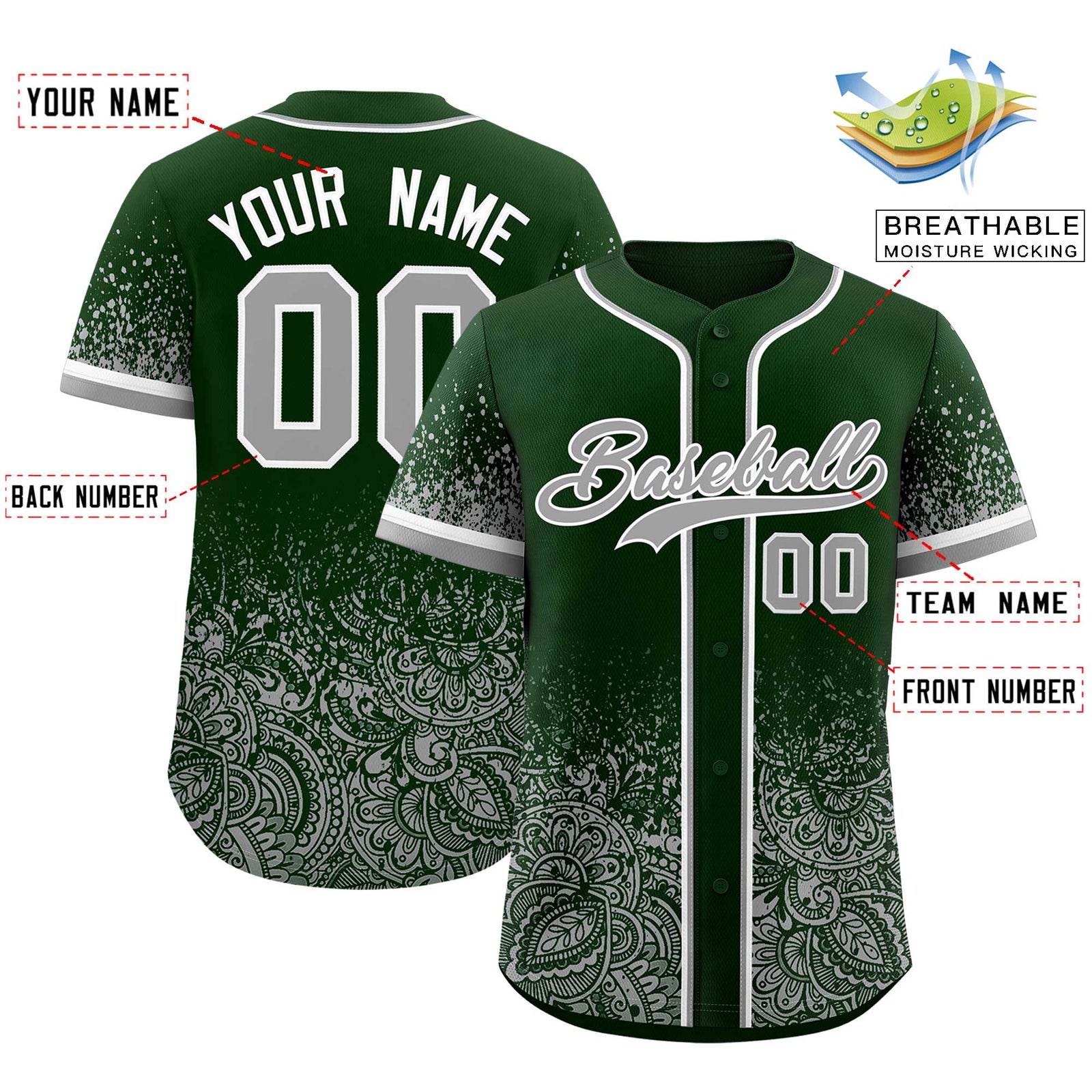 Custom Green Gray Floral Print Pattern Full Button Gradient Fashion Baseball Jersey