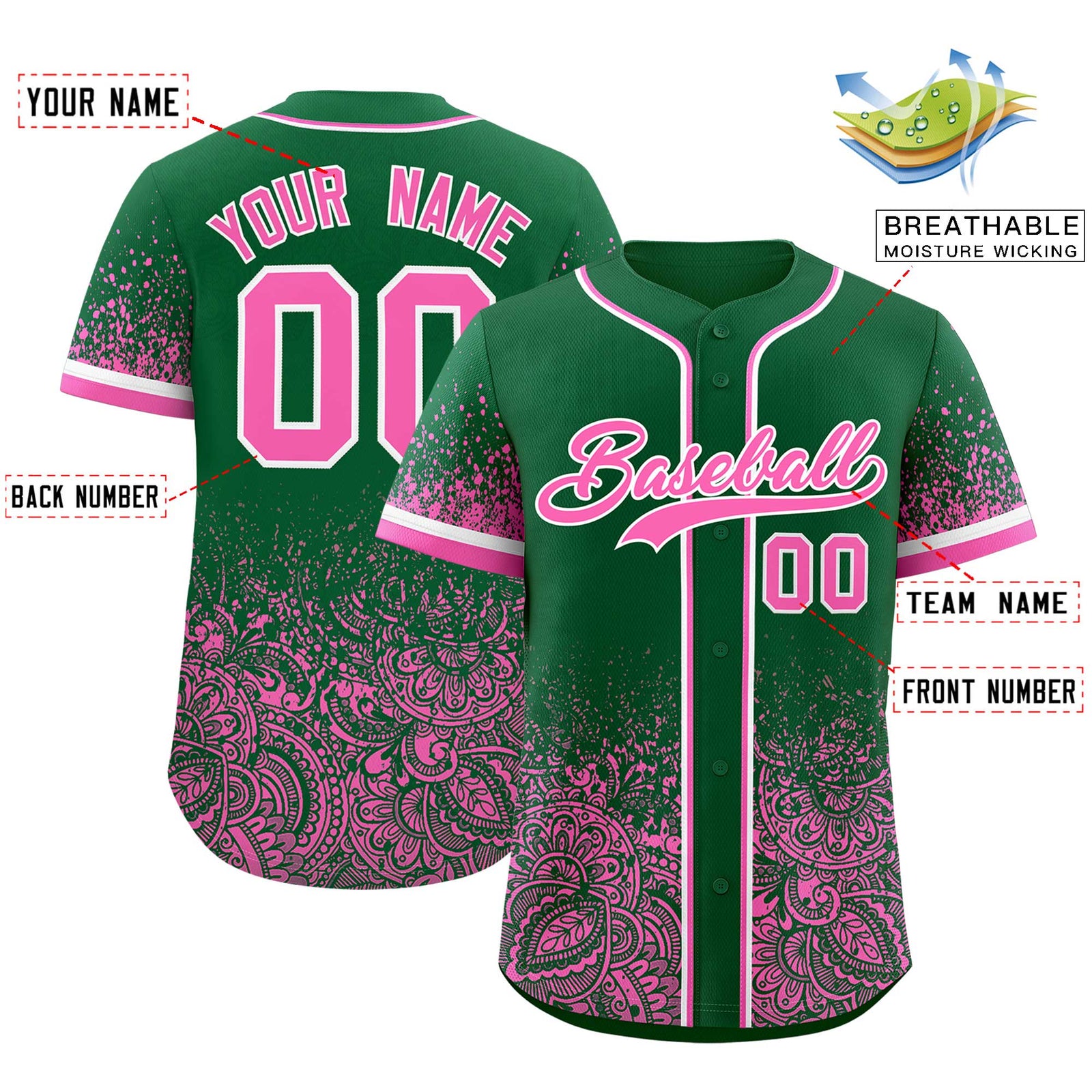 Custom Kelly Green Pink Floral Print Pattern Full Button Gradient Fashion Baseball Jersey