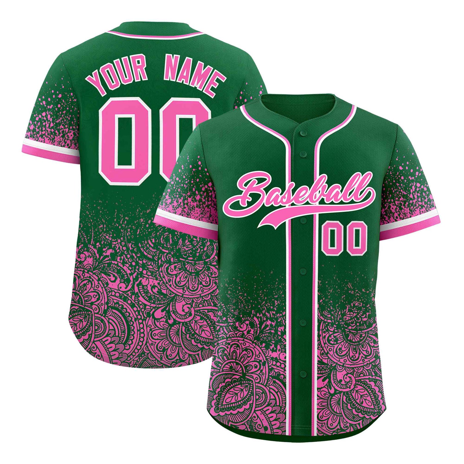 Custom Kelly Green Pink Floral Print Pattern Full Button Gradient Fashion Baseball Jersey