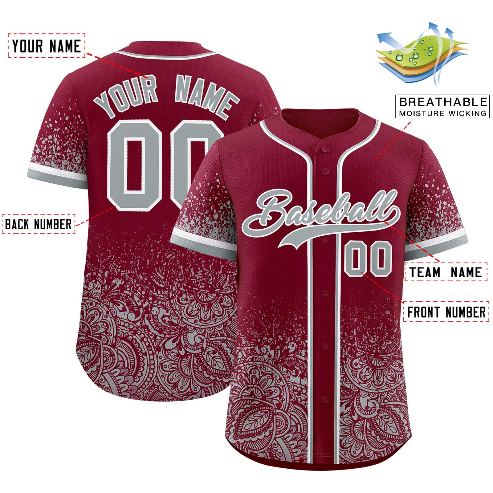 Custom Crimson Gray Floral Print Pattern Full Button Gradient Fashion Baseball Jersey