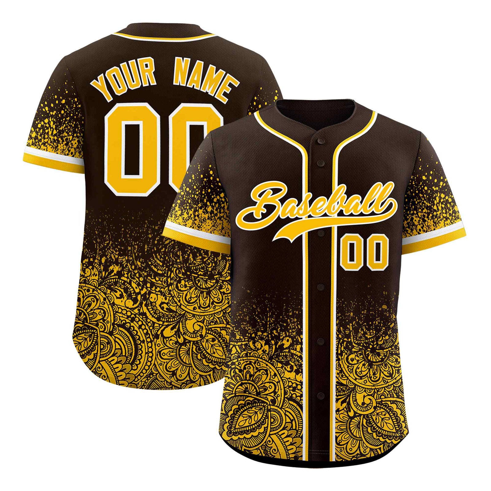 Custom Brown Yellow Floral Print Pattern Full Button Gradient Fashion Baseball Jersey