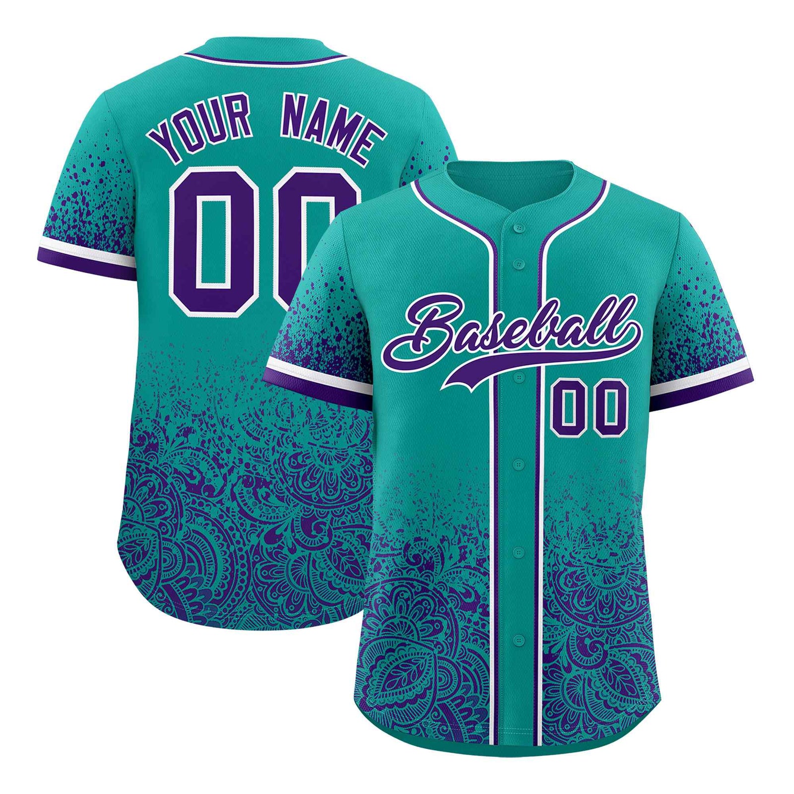 Custom Aqua Purple Floral Print Pattern Full Button Gradient Fashion Baseball Jersey