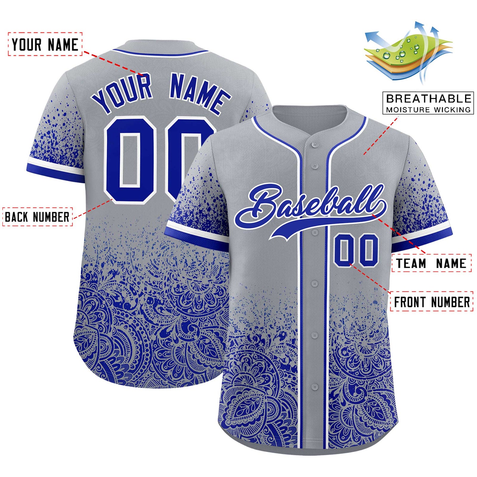 Custom Gray Royal Floral Print Pattern Full Button Gradient Fashion Baseball Jersey