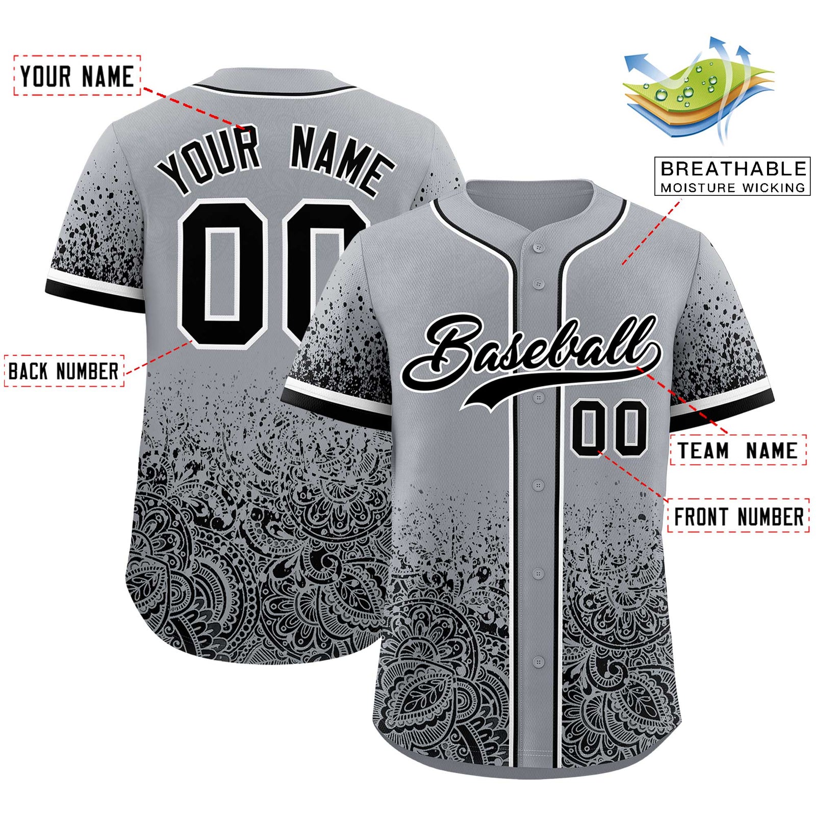 Custom Gray Black Floral Print Pattern Full Button Gradient Fashion Baseball Jersey
