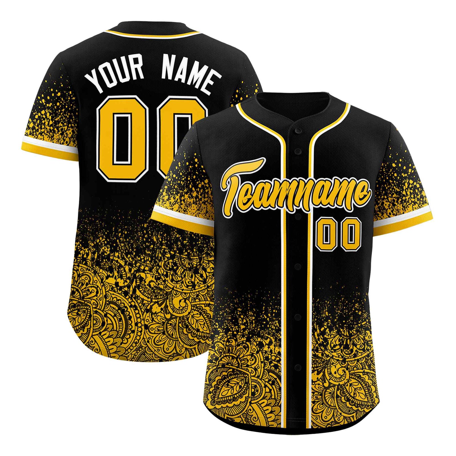 Custom Black Yellow Floral Print Pattern Full Button Gradient Fashion Baseball Jersey