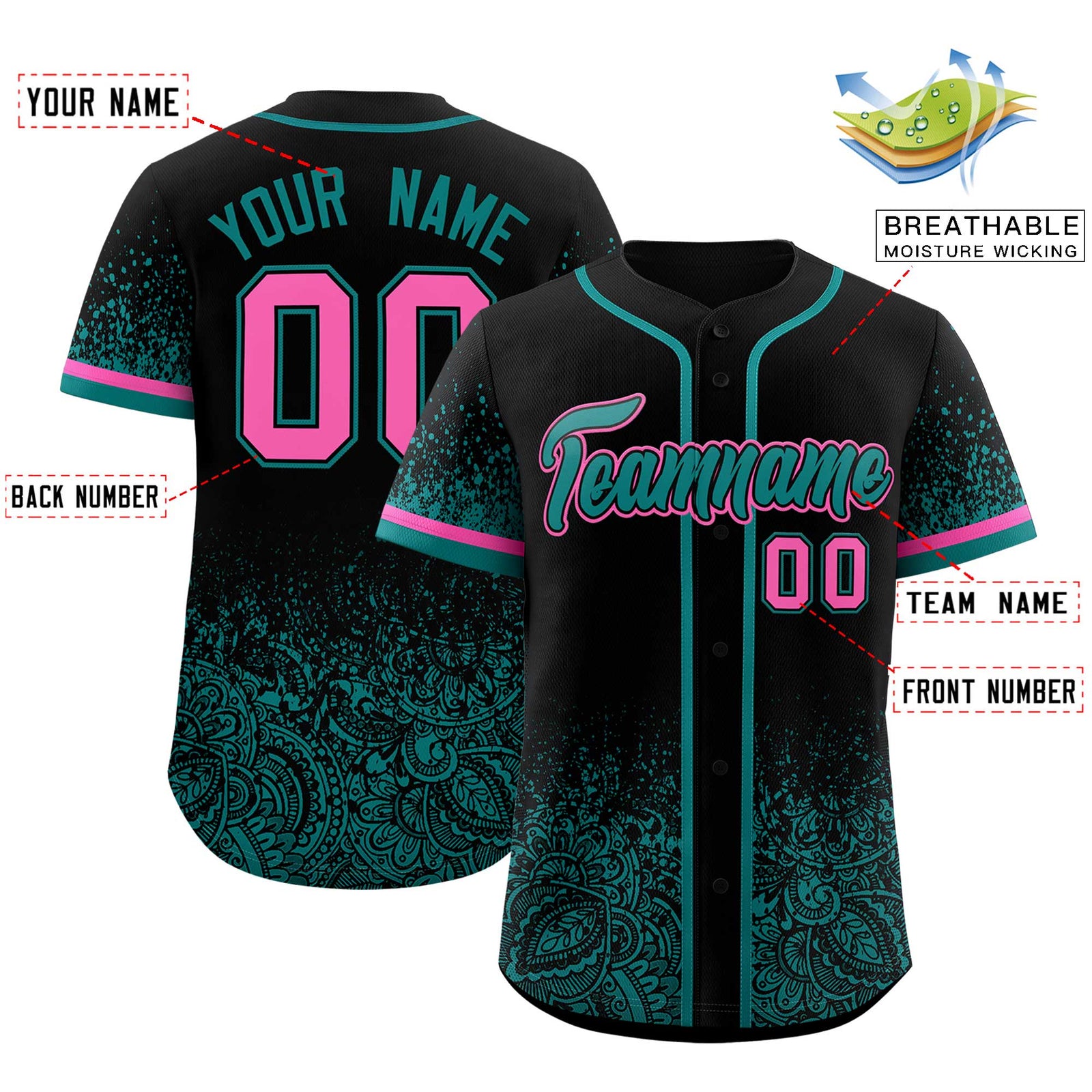 Custom Black Teal Floral Print Pattern Full Button Gradient Fashion Baseball Jersey