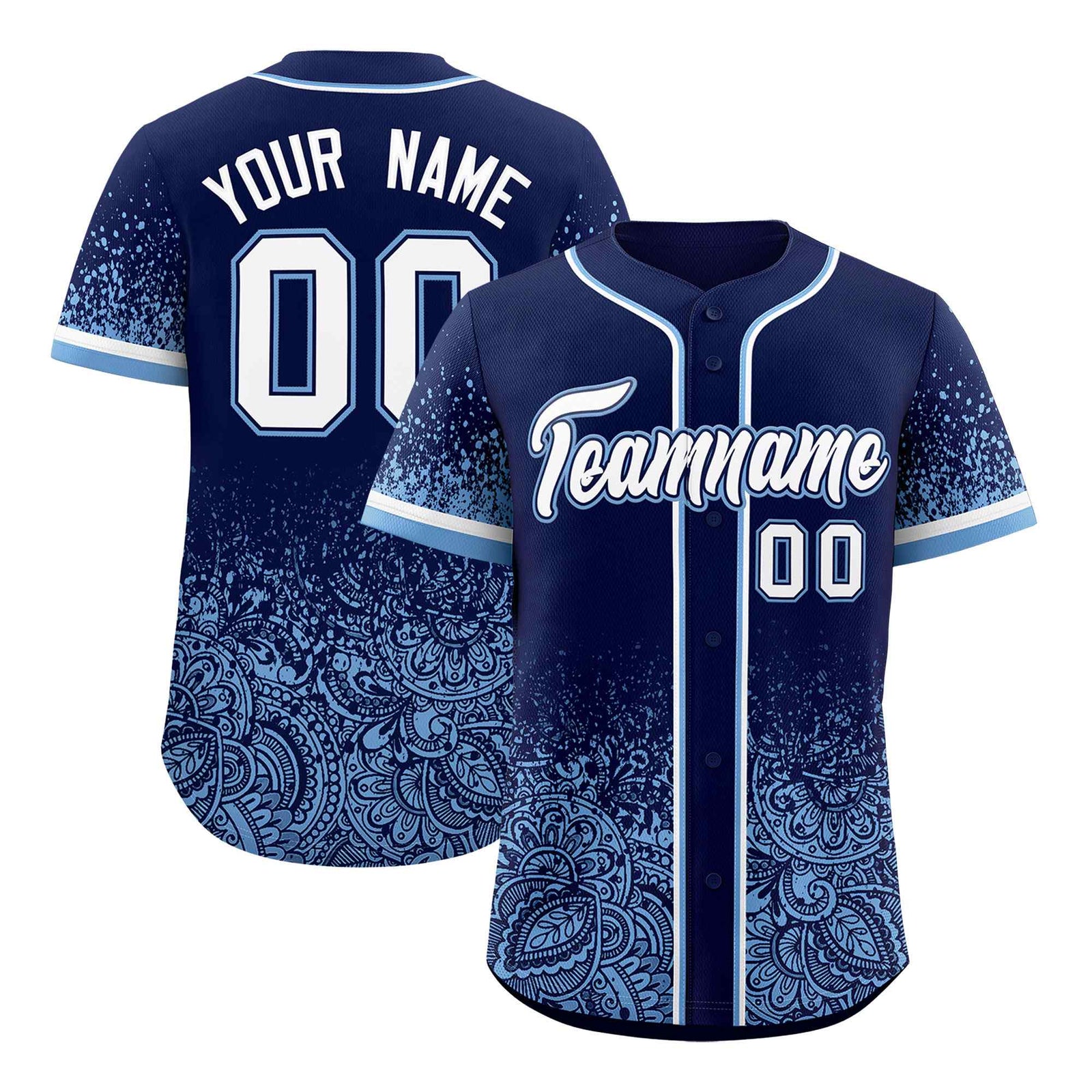 Custom Navy Powder Blue Floral Print Pattern Full Button Gradient Fashion Baseball Jersey