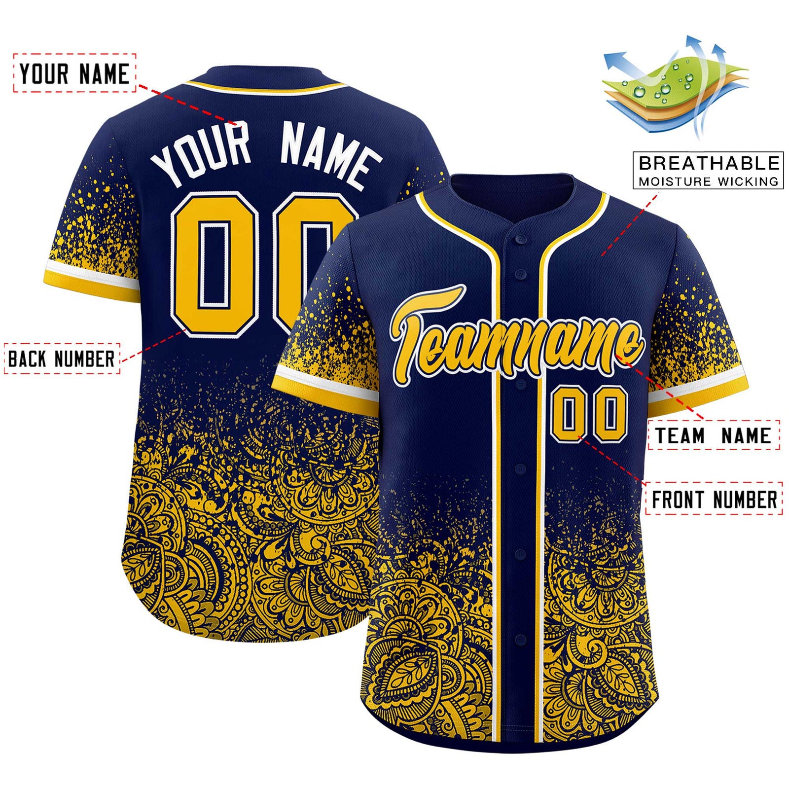 Custom Navy Yellow Floral Print Pattern Full Button Gradient Fashion Baseball Jersey