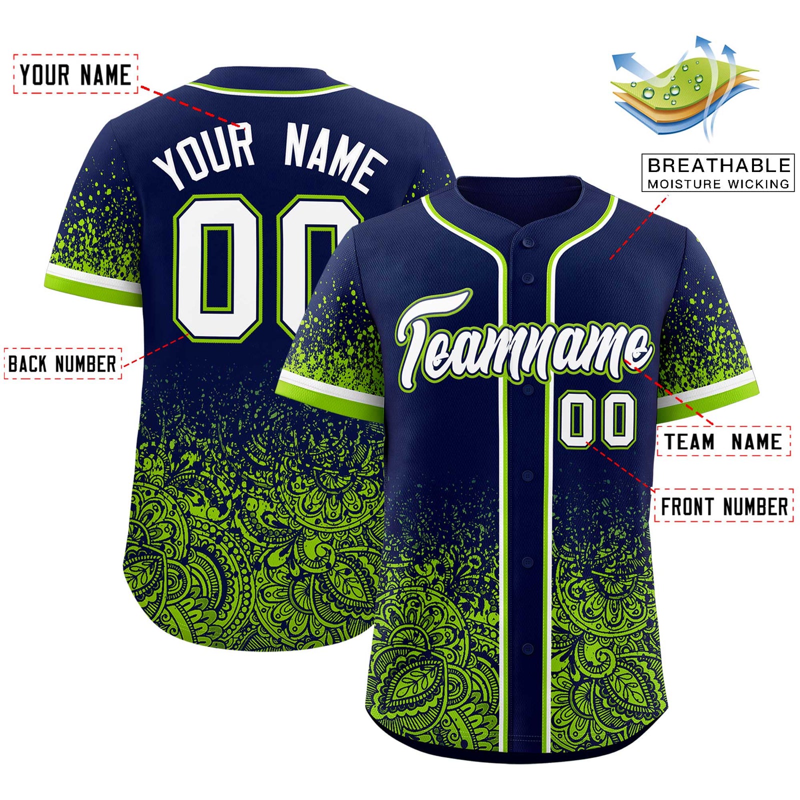Custom Navy Neon Green Floral Print Pattern Full Button Gradient Fashion Baseball Jersey