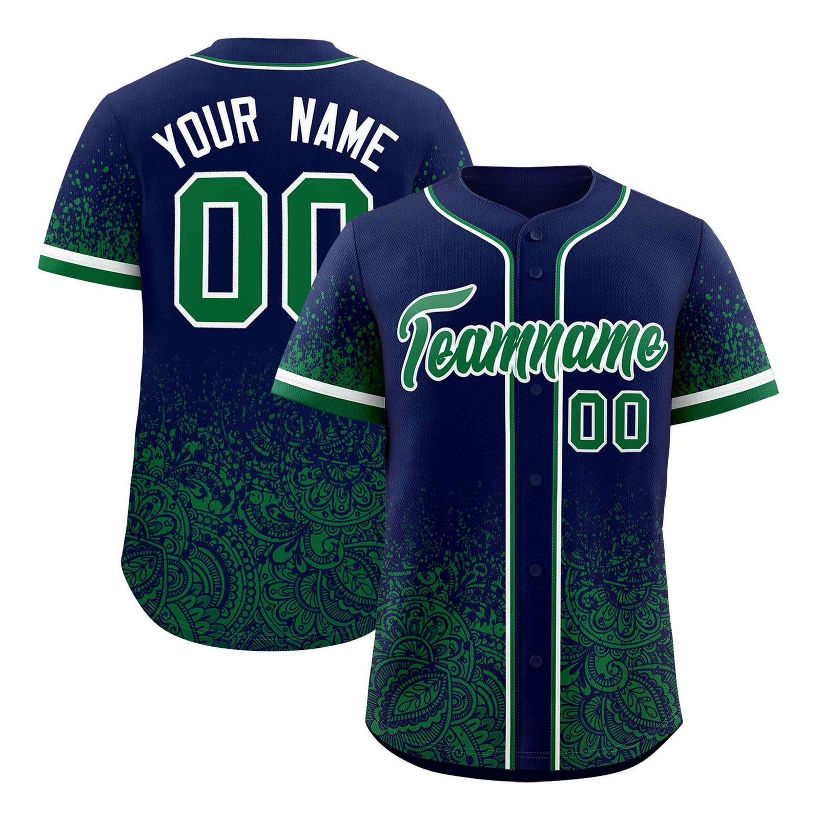 Custom Navy Kelly Green Floral Print Pattern Full Button Gradient Fashion Baseball Jersey