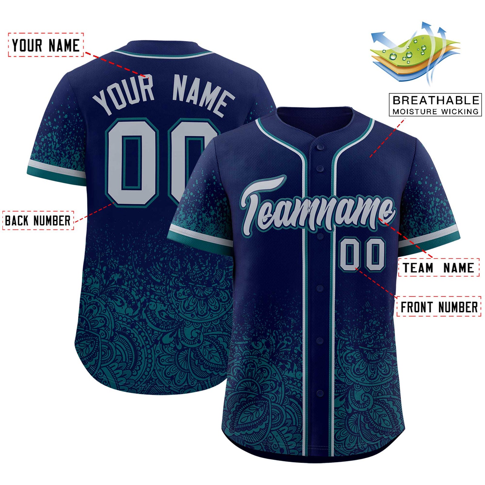 Custom Navy Teal Floral Print Pattern Full Button Gradient Fashion Baseball Jersey