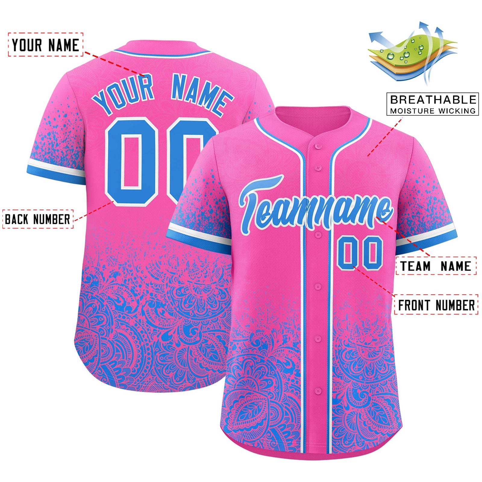Custom Pink Light Blue Floral Print Pattern Full Button Gradient Fashion Baseball Jersey