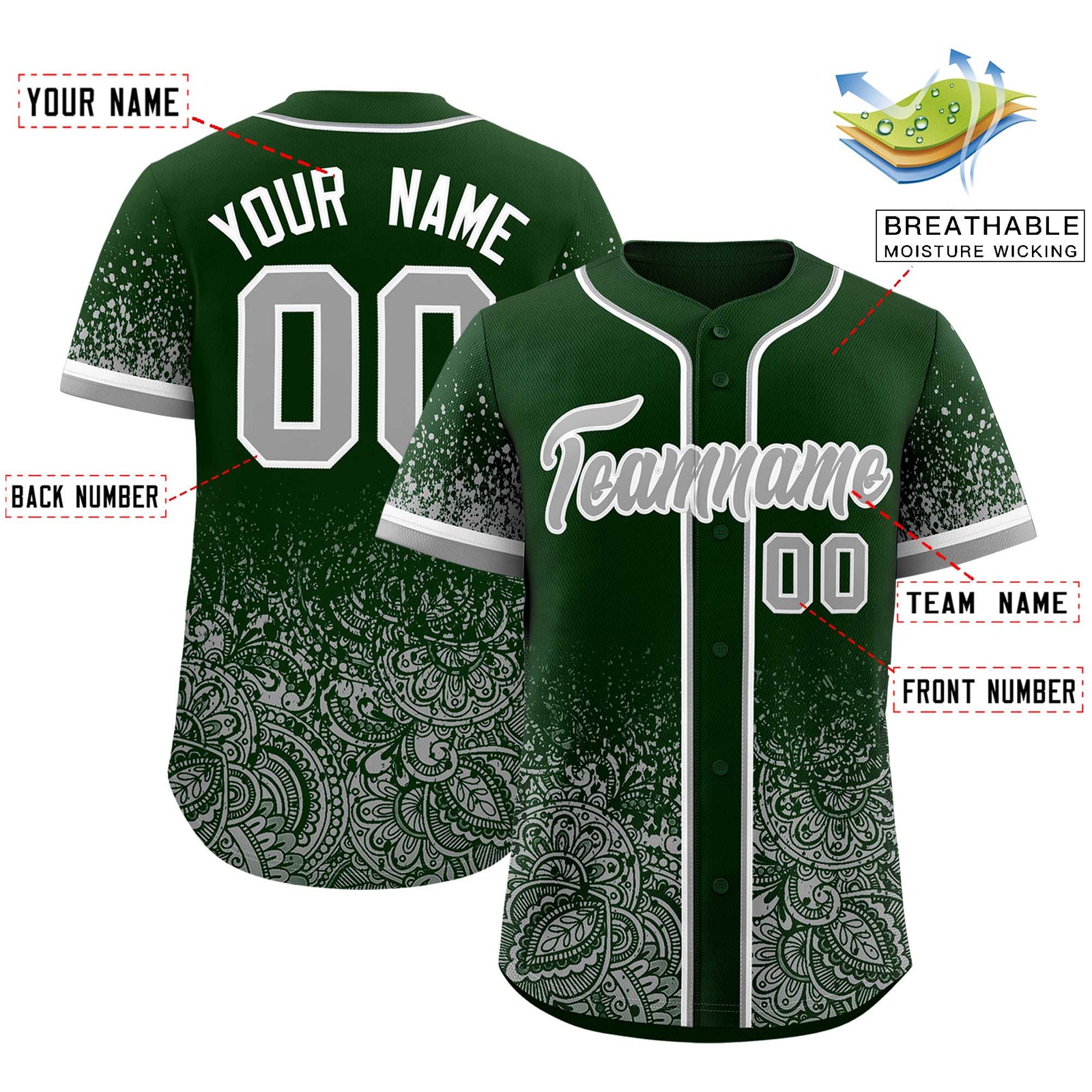 Custom Green Gray Floral Print Pattern Full Button Gradient Fashion Baseball Jersey