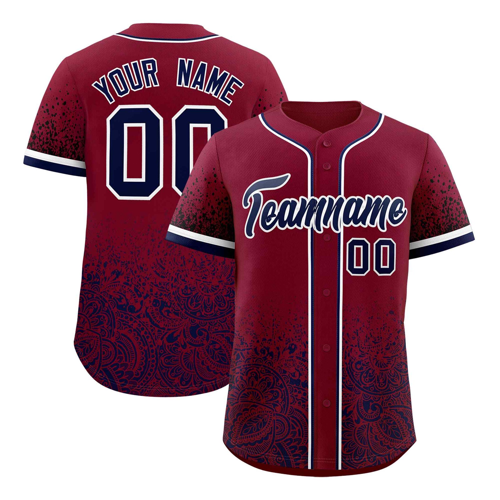Custom Crimson Navy Floral Print Pattern Full Button Gradient Fashion Baseball Jersey