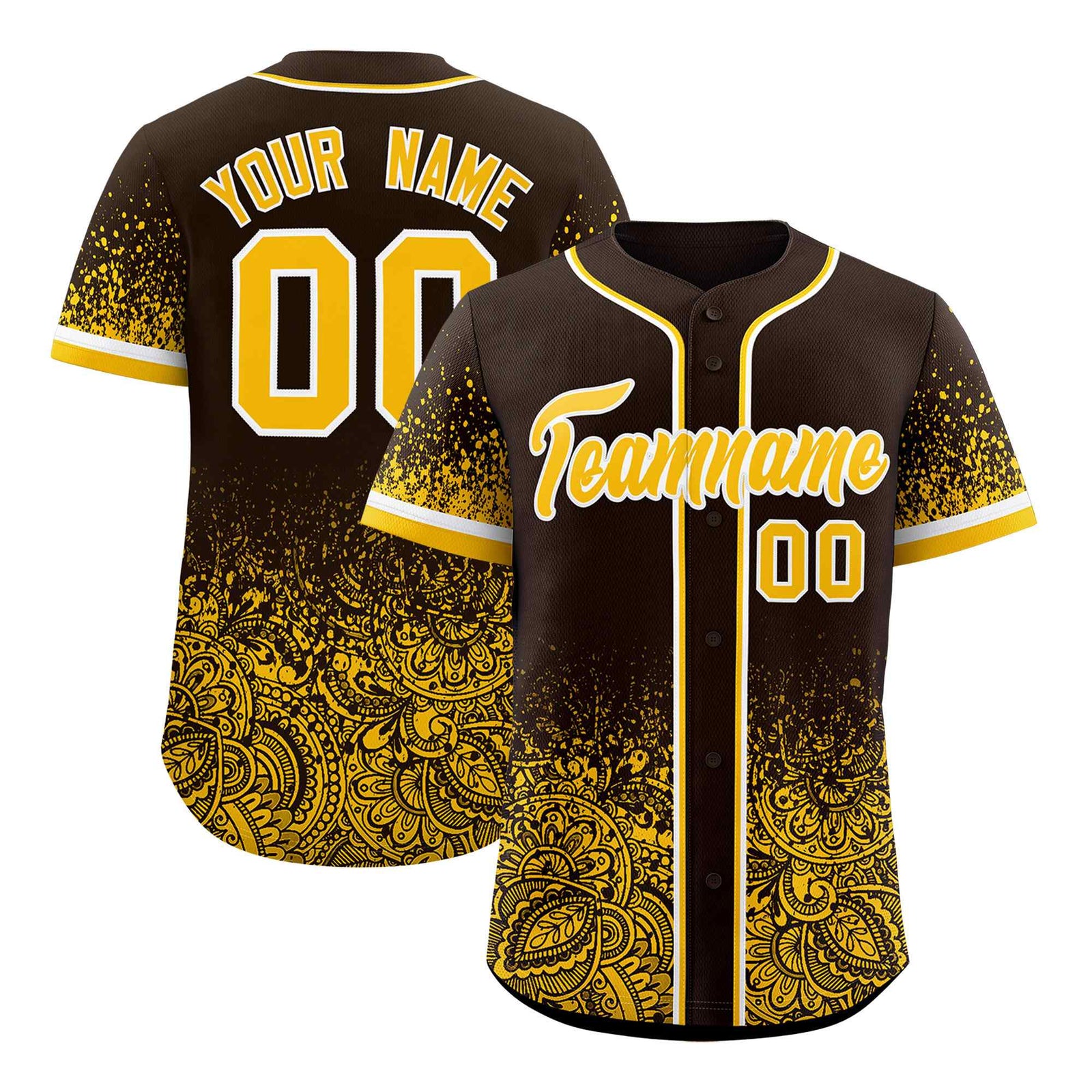 Custom Brown Yellow Floral Print Pattern Full Button Gradient Fashion Baseball Jersey