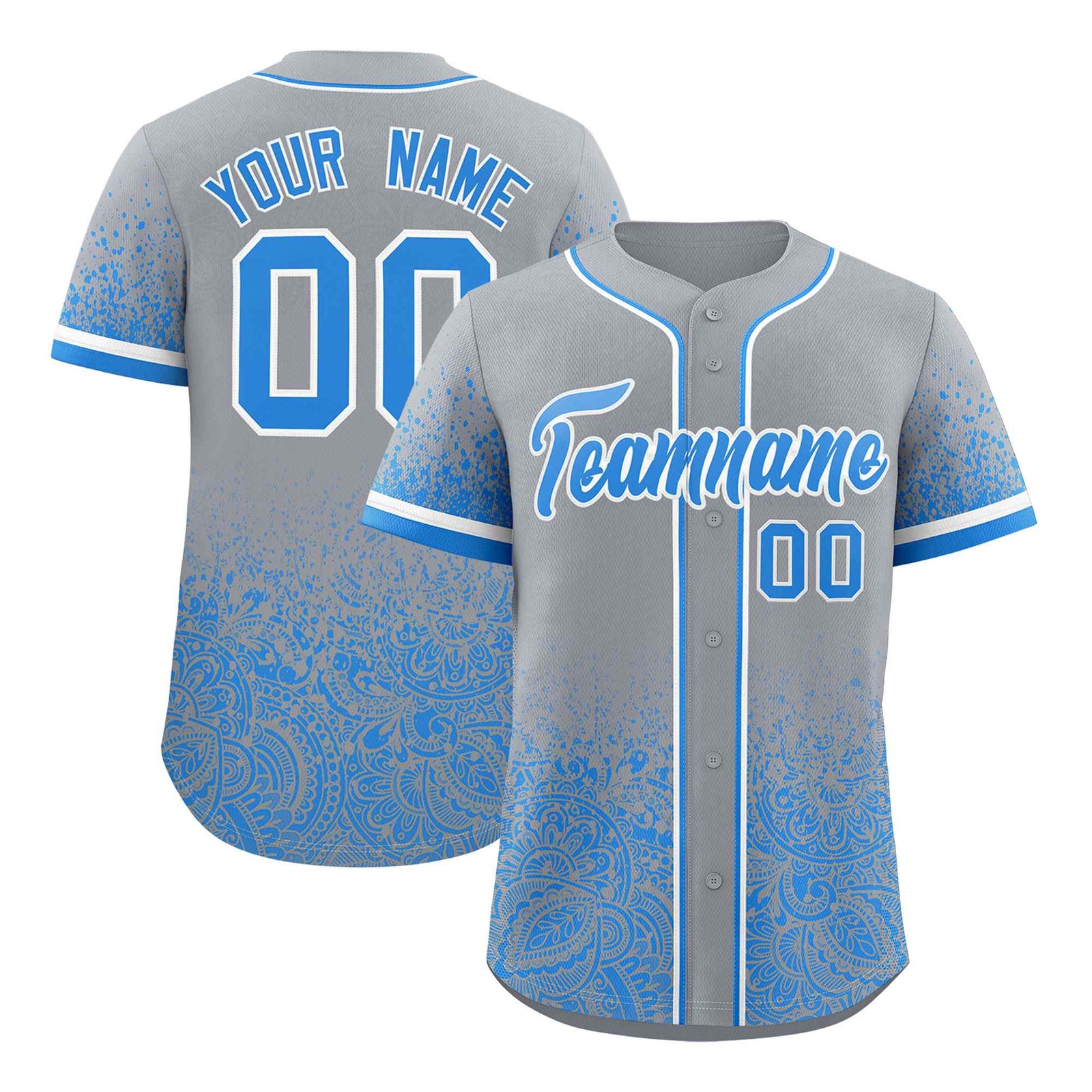Custom Gray Light Blue Floral Print Pattern Full Button Gradient Fashion Baseball Jersey