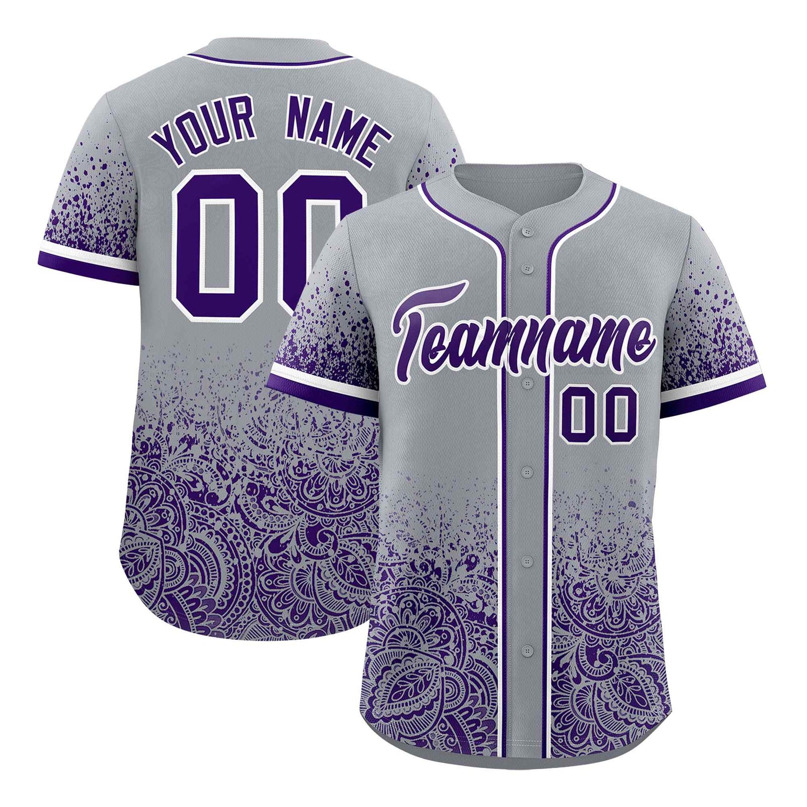 Custom Gray Purple Floral Print Pattern Full Button Gradient Fashion Baseball Jersey