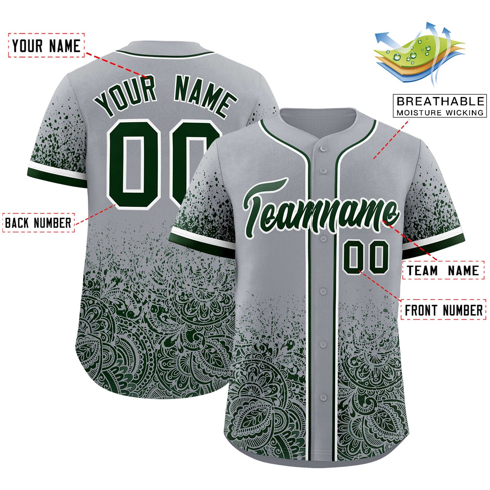 Custom Gray Green Floral Print Pattern Full Button Gradient Fashion Baseball Jersey