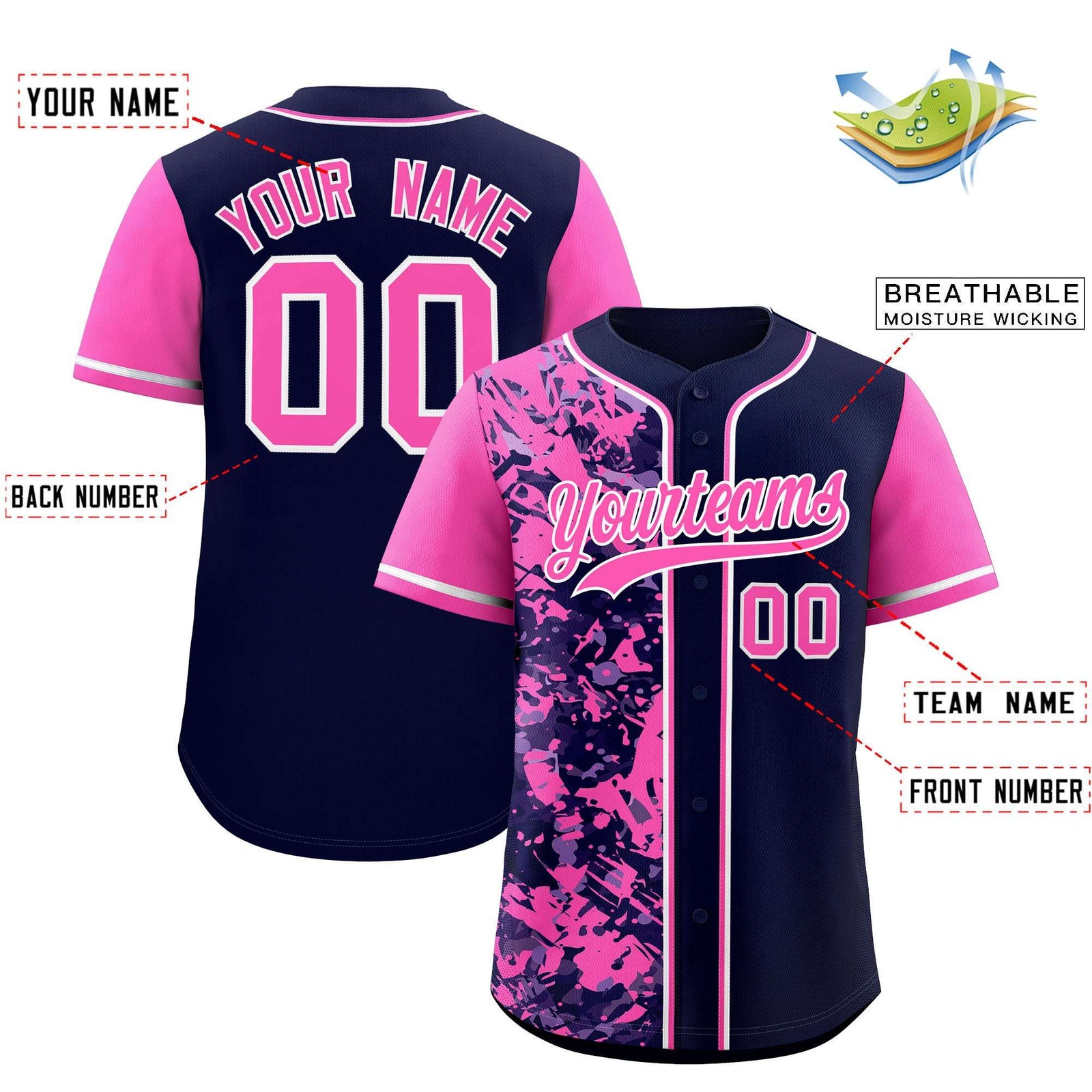 Custom Navy Pink Split Personalized Graffiti Raglan Sleeve Authentic Baseball Jersey