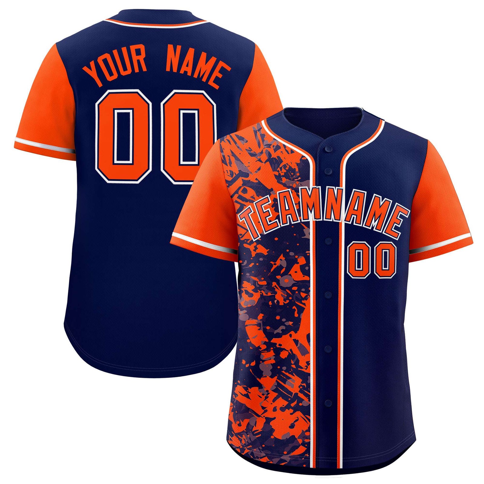 Custom Navy Orange Split Personalized Graffiti Raglan Sleeve Authentic Baseball Jersey