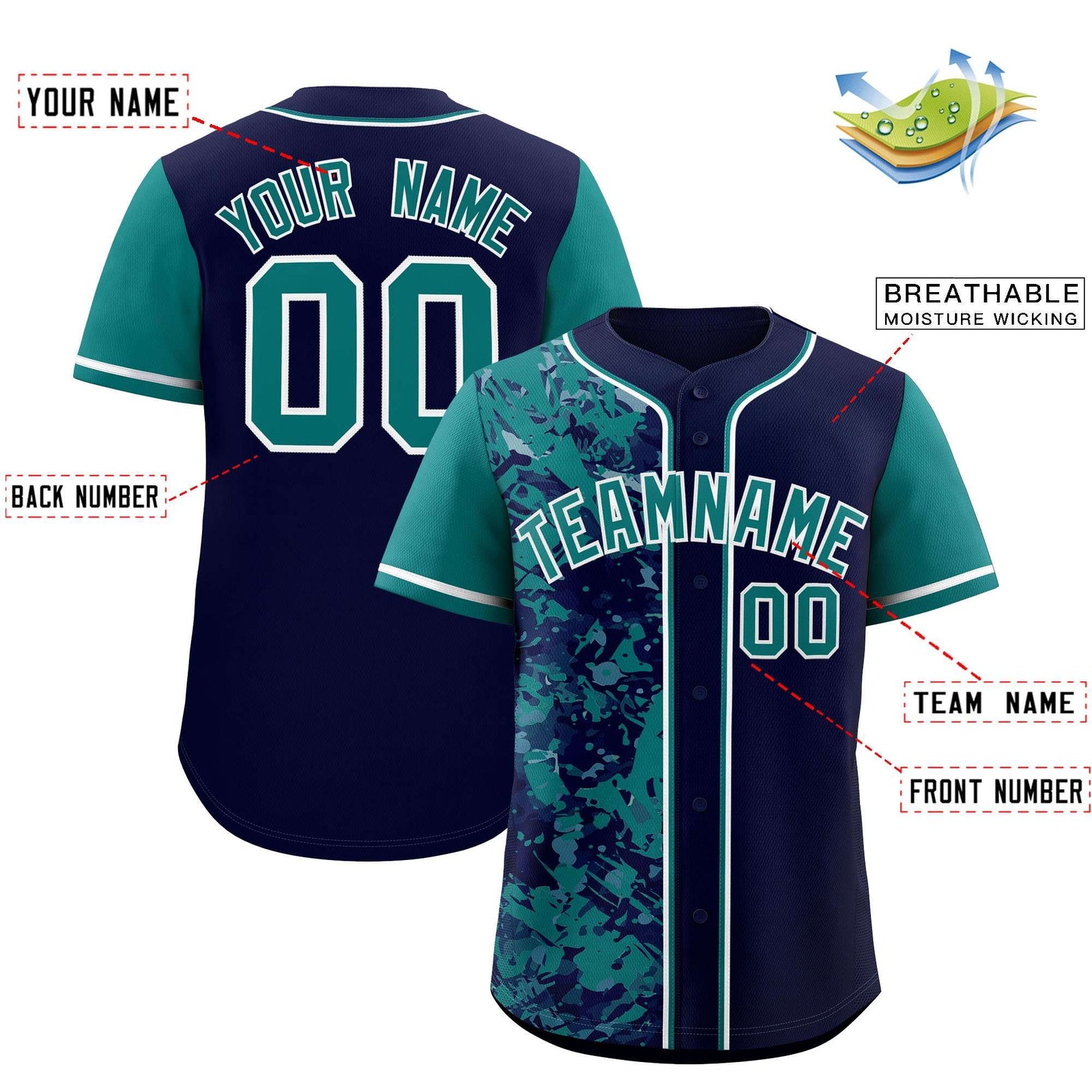 Custom Navy Aqua Split Personalized Graffiti Raglan Sleeve Authentic Baseball Jersey
