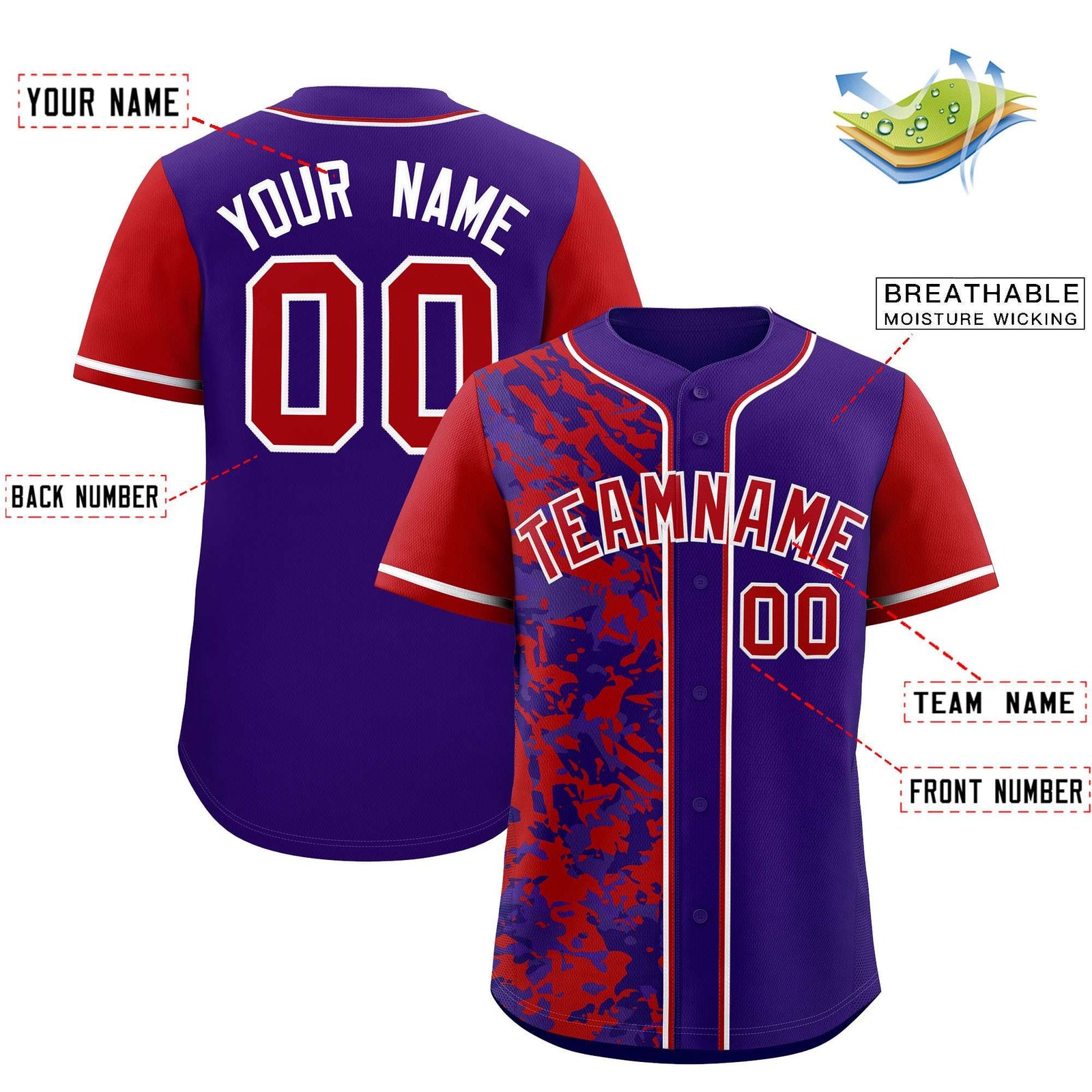 Custom Purple Red Split Personalized Graffiti Raglan Sleeve Authentic Baseball Jersey