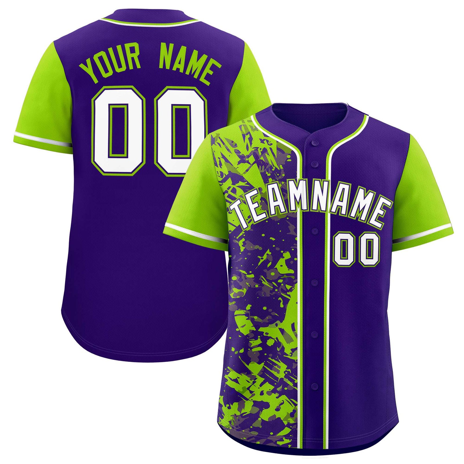Custom Purple Neon Green Split Personalized Graffiti Raglan Sleeve Authentic Baseball Jersey