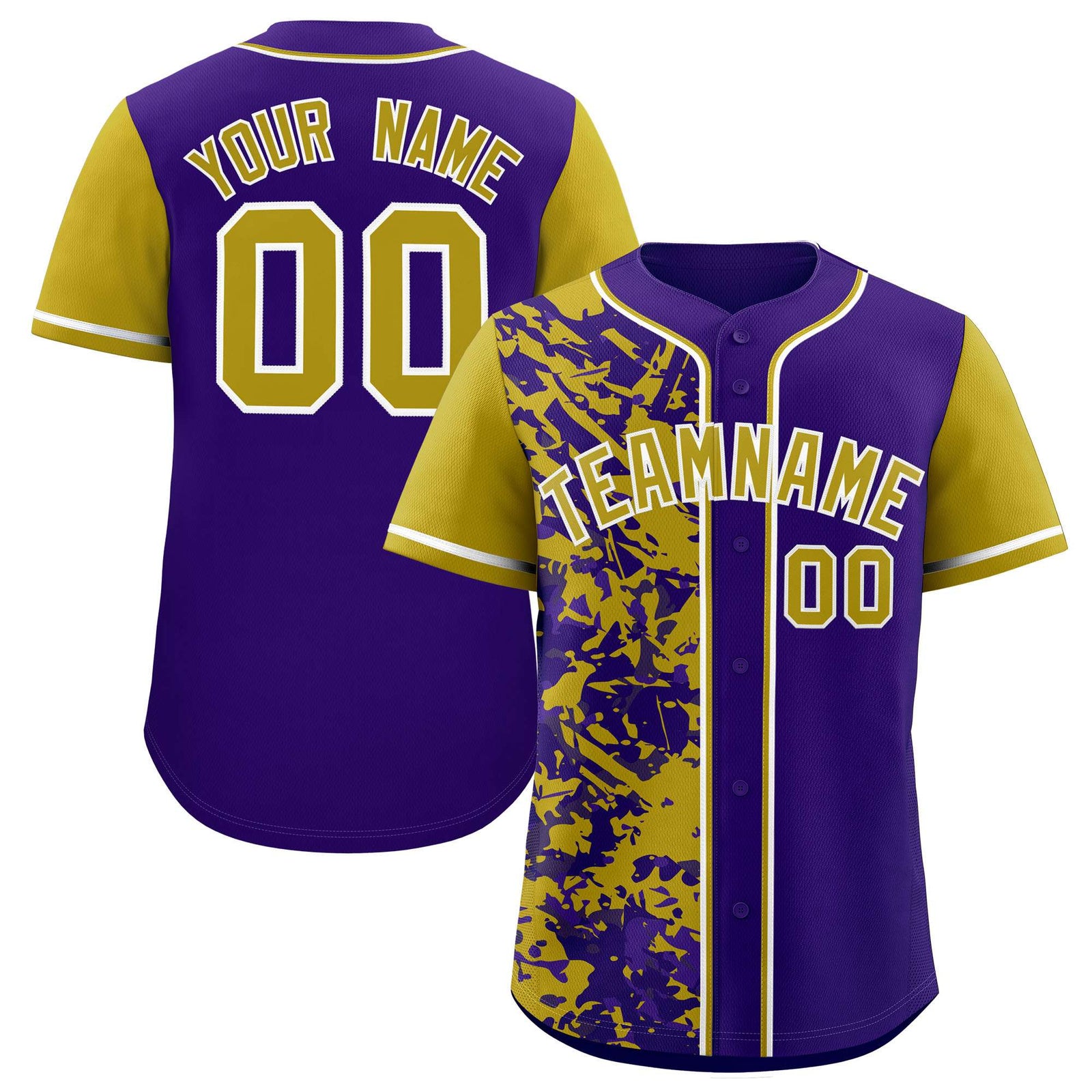 Custom Purple Old Gold Split Personalized Graffiti Raglan Sleeve Authentic Baseball Jersey