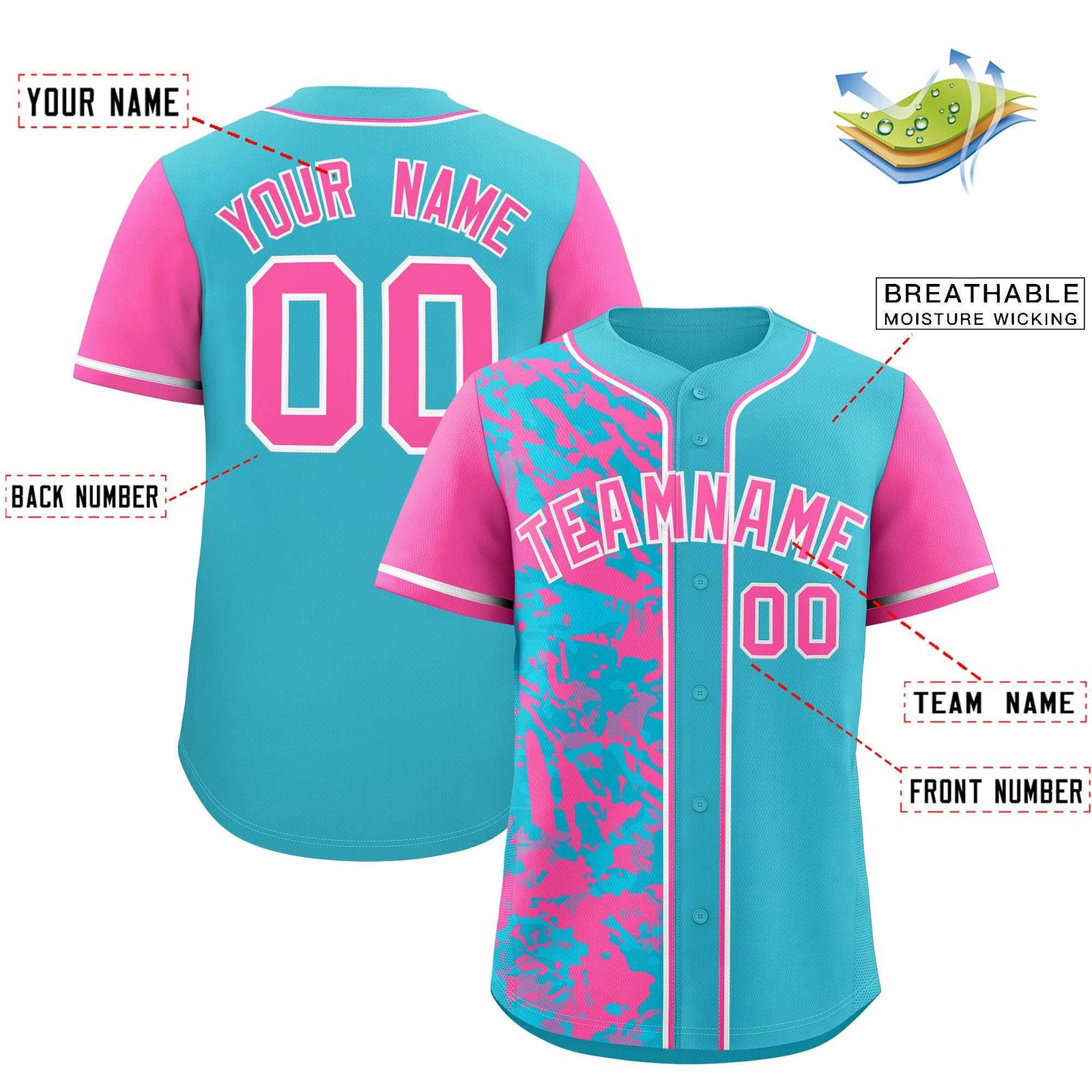 Custom Sky Blue Pink Split Personalized Graffiti Raglan Sleeve Authentic Baseball Jersey