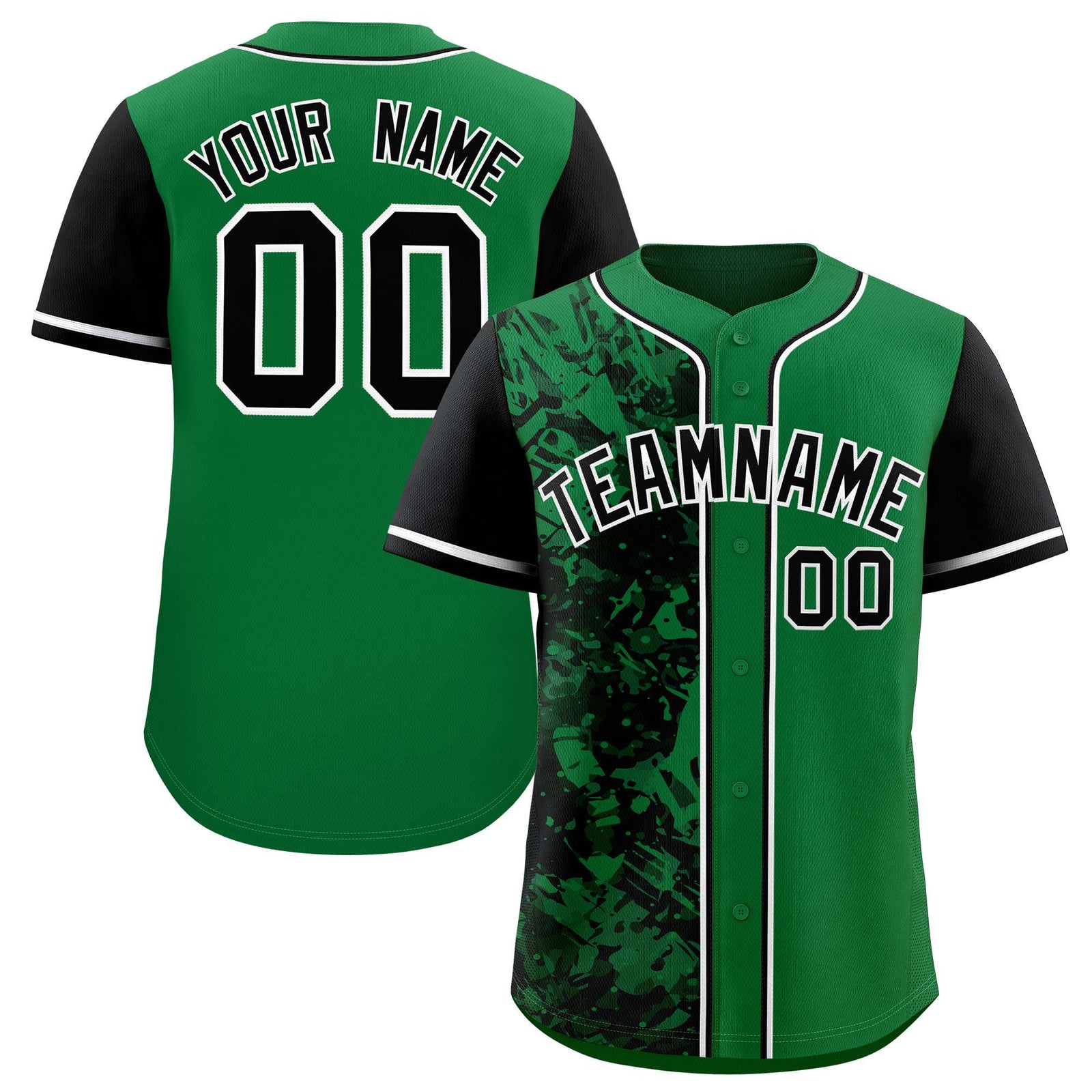 Custom Green Black Split Personalized Graffiti Raglan Sleeve Authentic Baseball Jersey