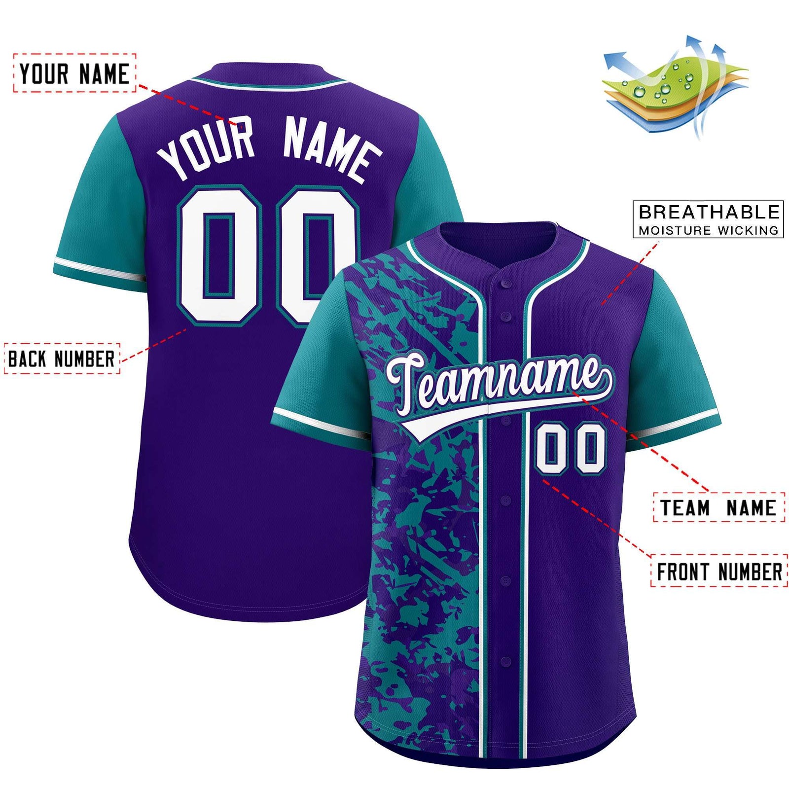 Custom Purple Teal Split Personalized Graffiti Raglan Sleeve Authentic Baseball Jersey