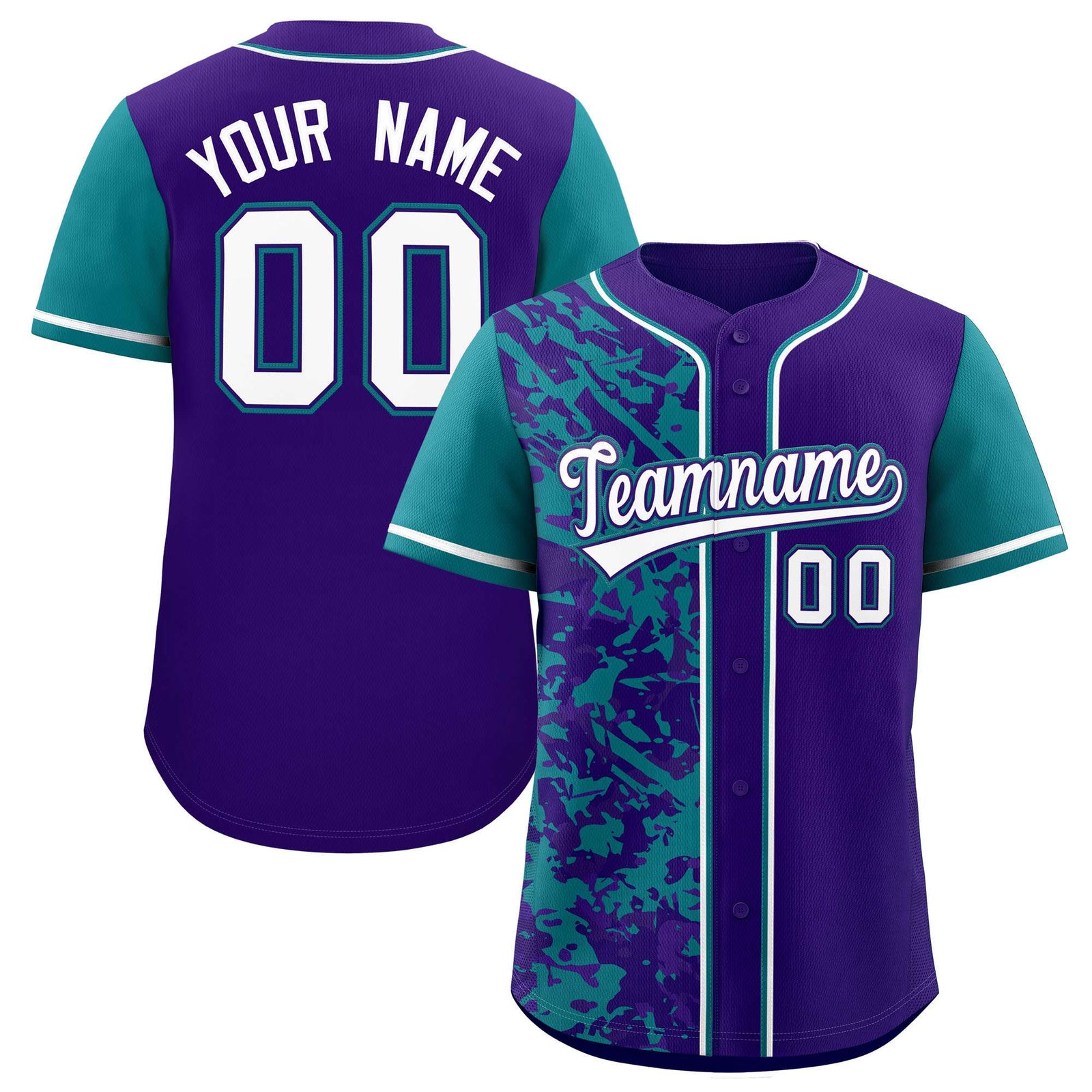 Custom Purple Teal Split Personalized Graffiti Raglan Sleeve Authentic Baseball Jersey