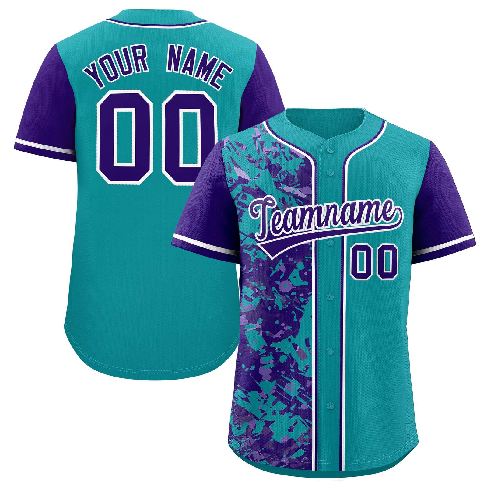 Custom Teal Purple Split Personalized Graffiti Raglan Sleeve Authentic Baseball Jersey