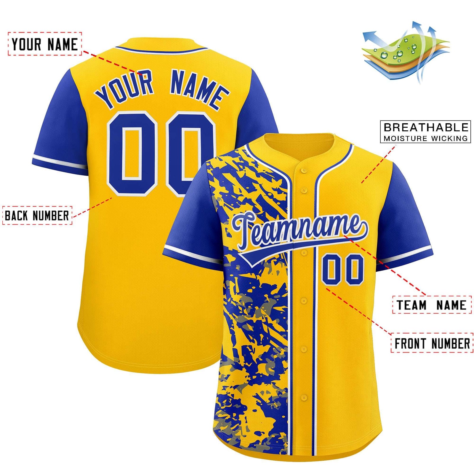 Custom Yellow Royal Split Personalized Graffiti Raglan Sleeve Authentic Baseball Jersey