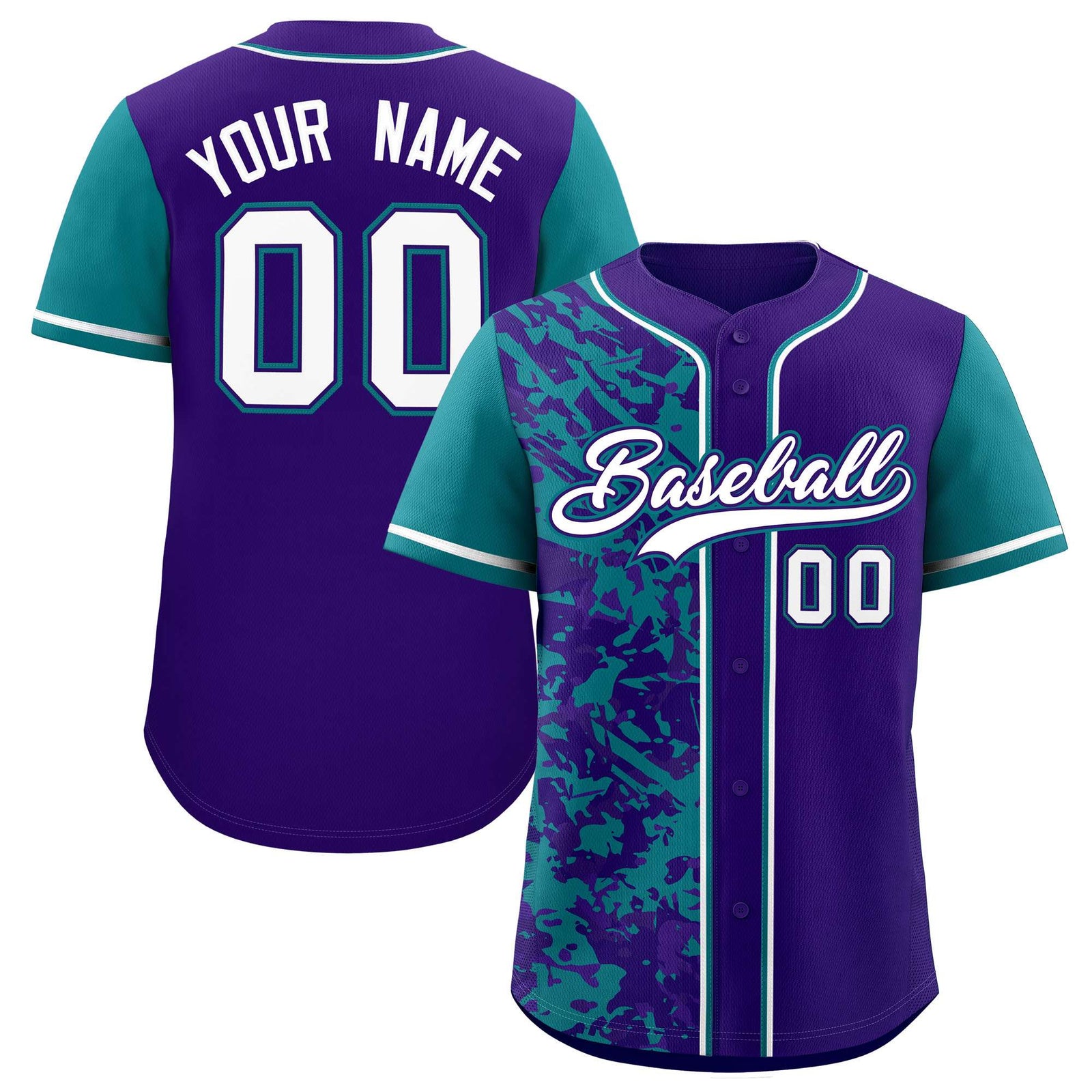 Custom Purple Teal Split Personalized Graffiti Raglan Sleeve Authentic Baseball Jersey
