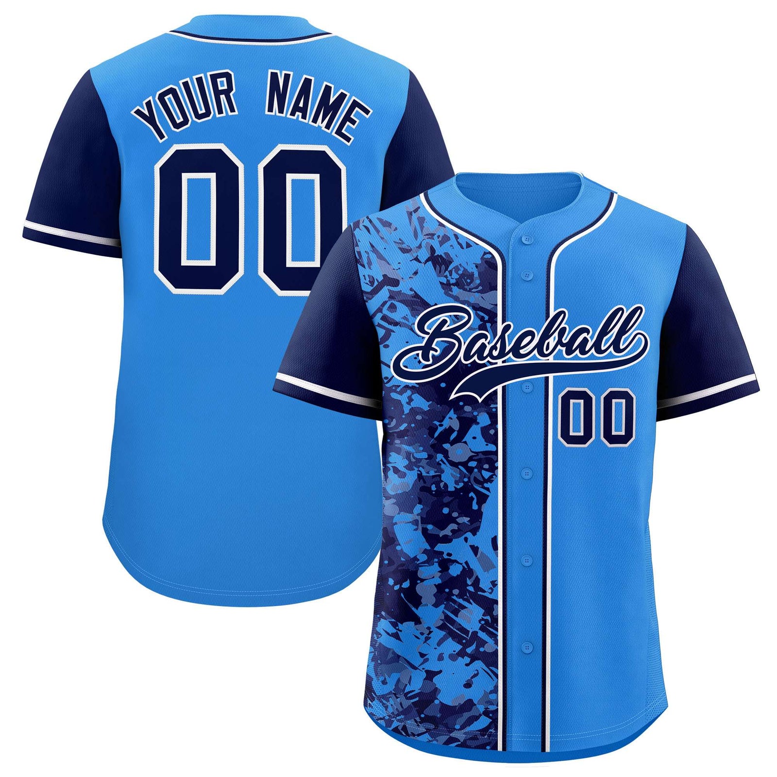 Custom Blue Navy Split Personalized Graffiti Raglan Sleeve Authentic Baseball Jersey