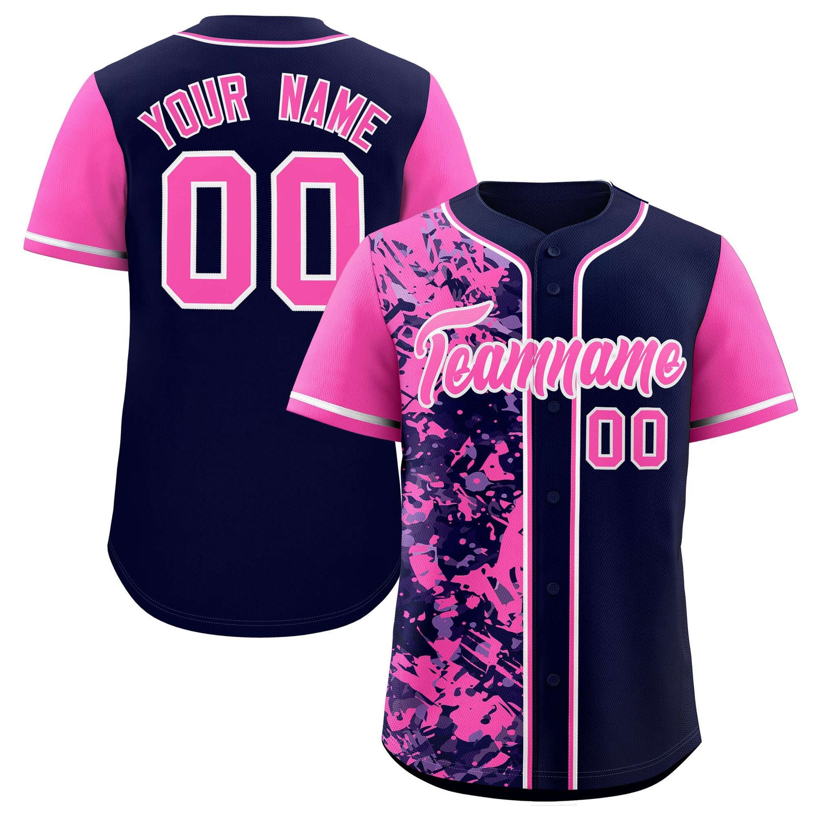 Custom Navy Pink Split Personalized Graffiti Raglan Sleeve Authentic Baseball Jersey