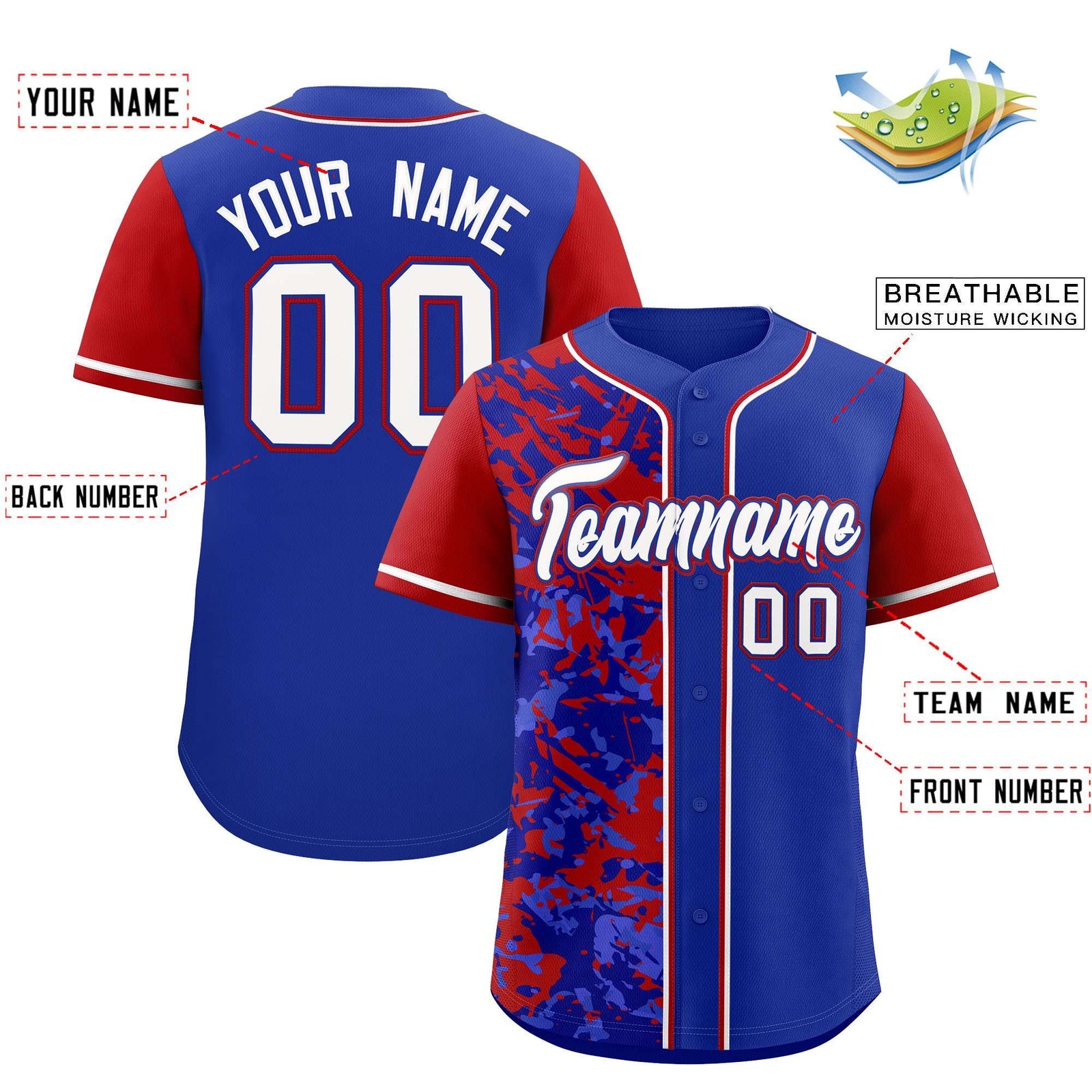 Custom Royal Red Split Personalized Graffiti Raglan Sleeve Authentic Baseball Jersey