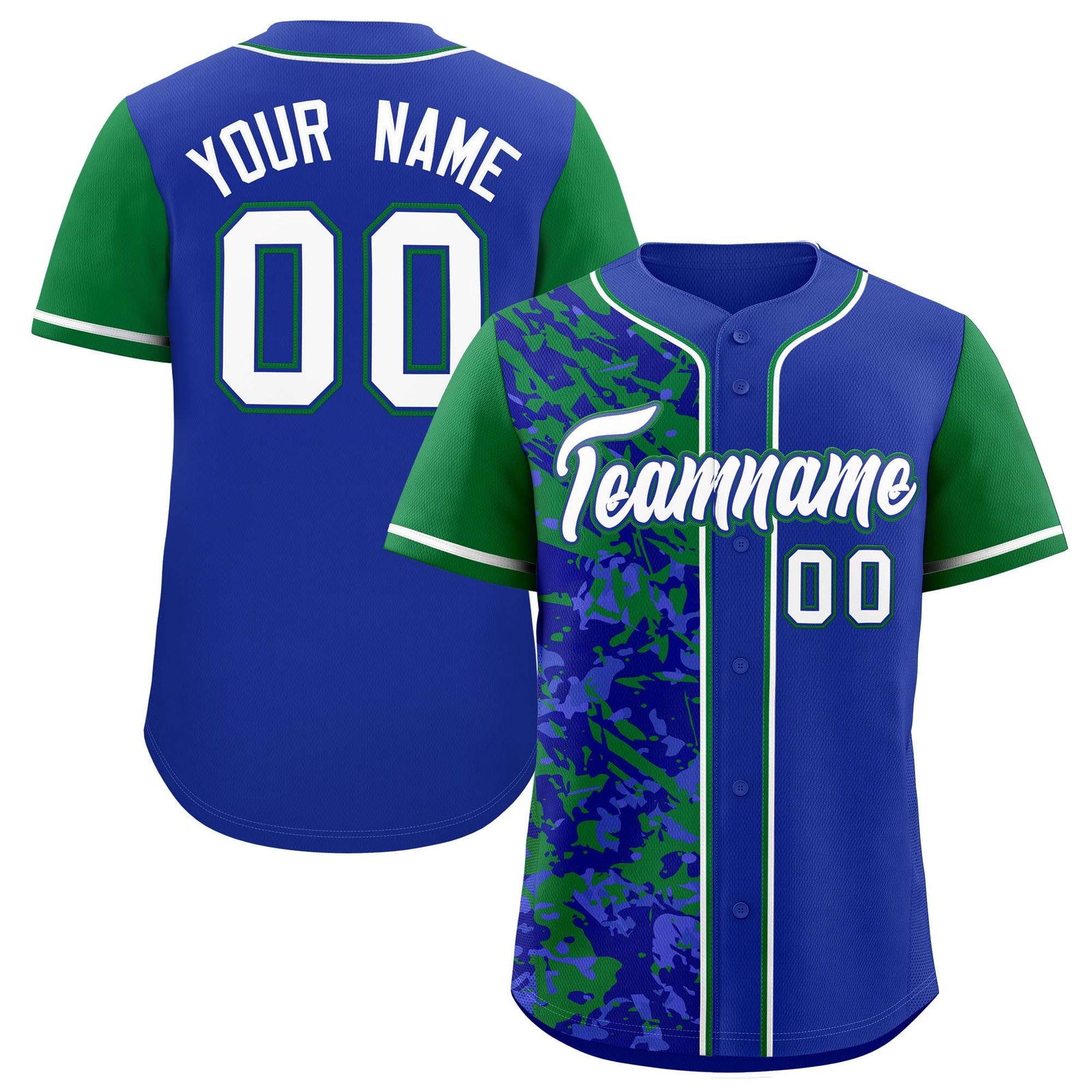 Custom Royal Green Split Personalized Graffiti Raglan Sleeve Authentic Baseball Jersey