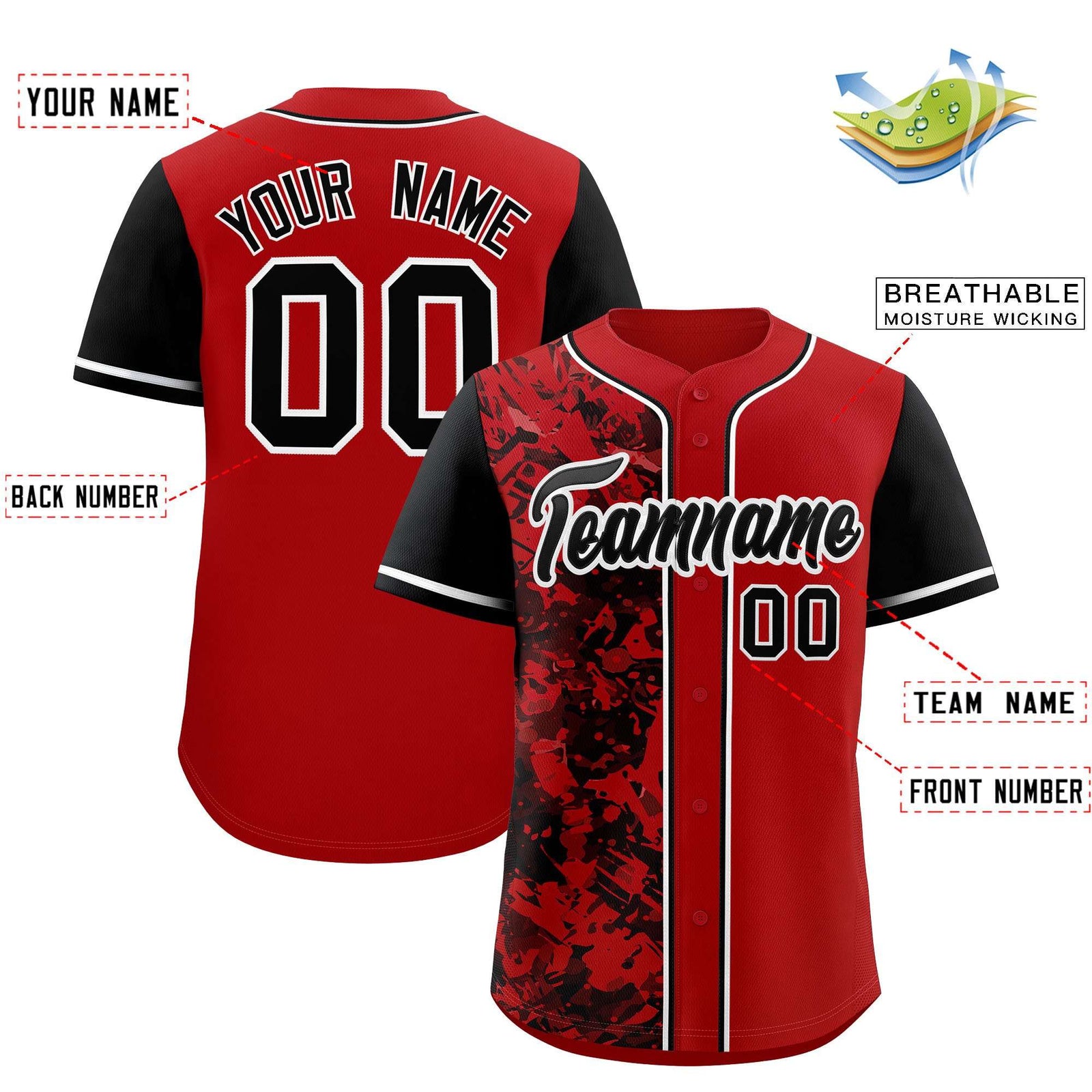 Custom Red Black Split Personalized Graffiti Raglan Sleeve Authentic Baseball Jersey